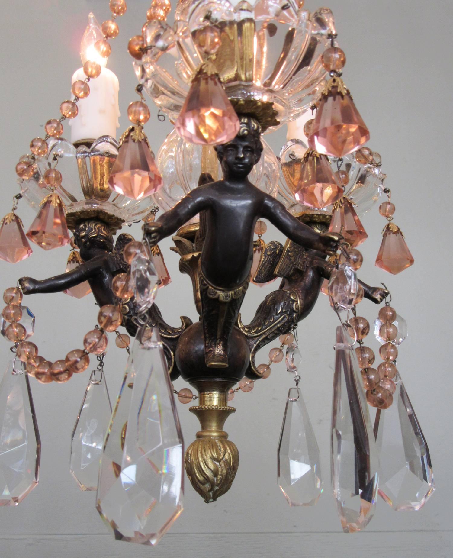 Small Early 20th Century French Empire Bronze and Peach Crystal Chandelier In Excellent Condition In Charleston, SC