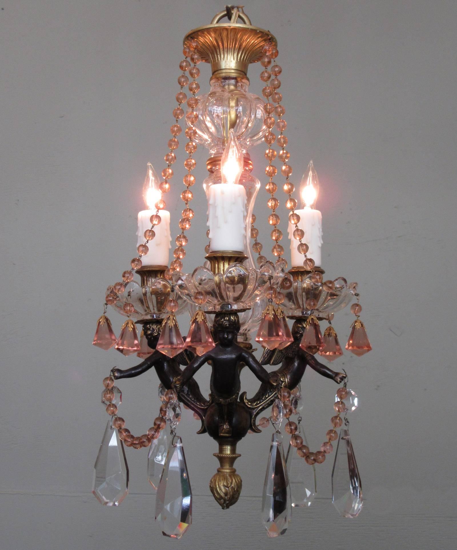 Small Early 20th Century French Empire Bronze and Peach Crystal Chandelier 4