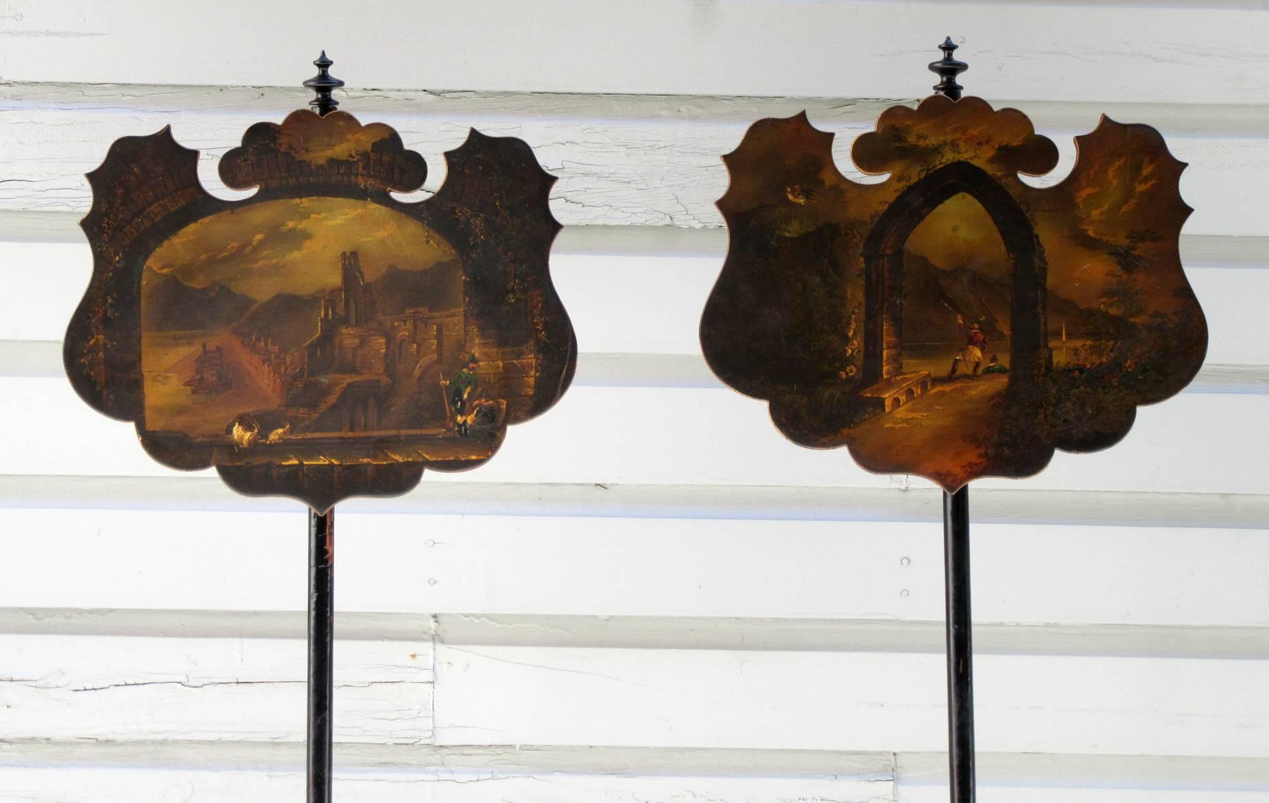 Hand-Painted Pair of 19th Century English William IV Painted Papier Mâché Firescreeens