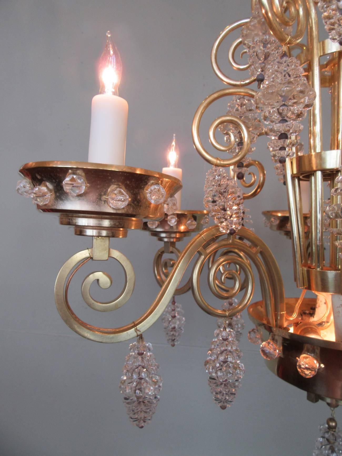 Beaded 20th Century French Art Deco Bronze and Glass Chandelier by Glass Artist Sabino