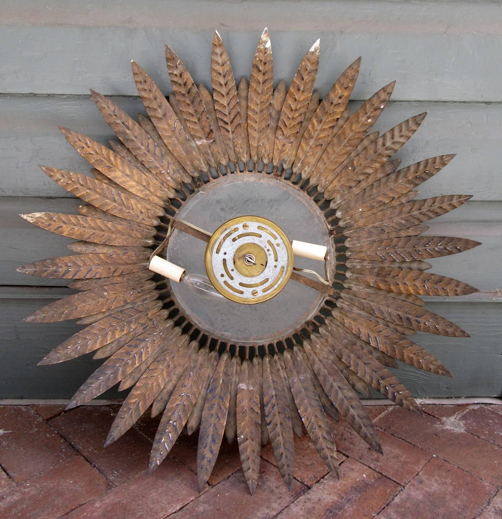 20th Century Spanish Barcelona Gilt Tole Sunburst Flush Mount Chandelier 1