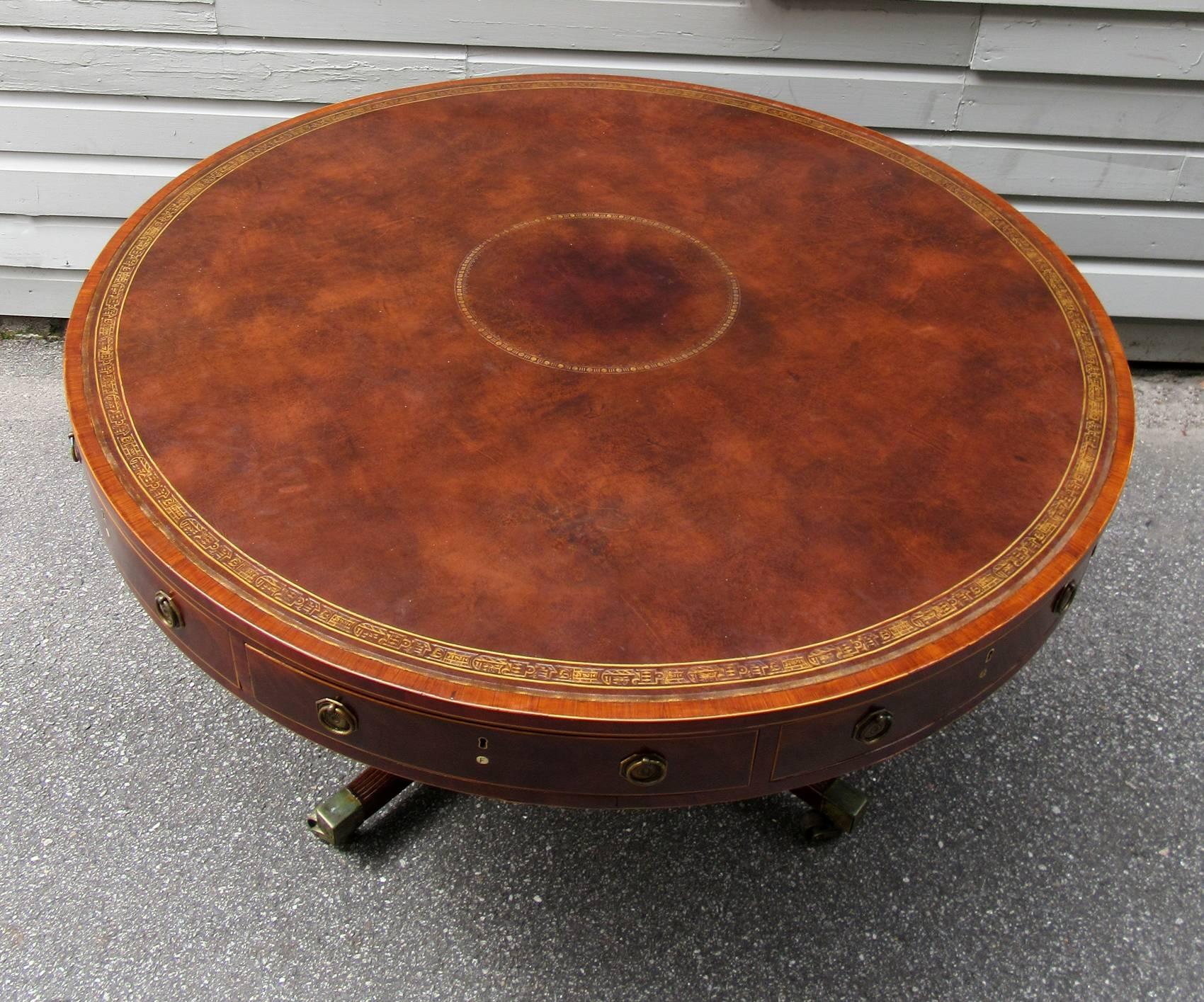 Early 19th Century English Regency Mahogany Rent Table with Embossed Leather Top In Excellent Condition In Charleston, SC