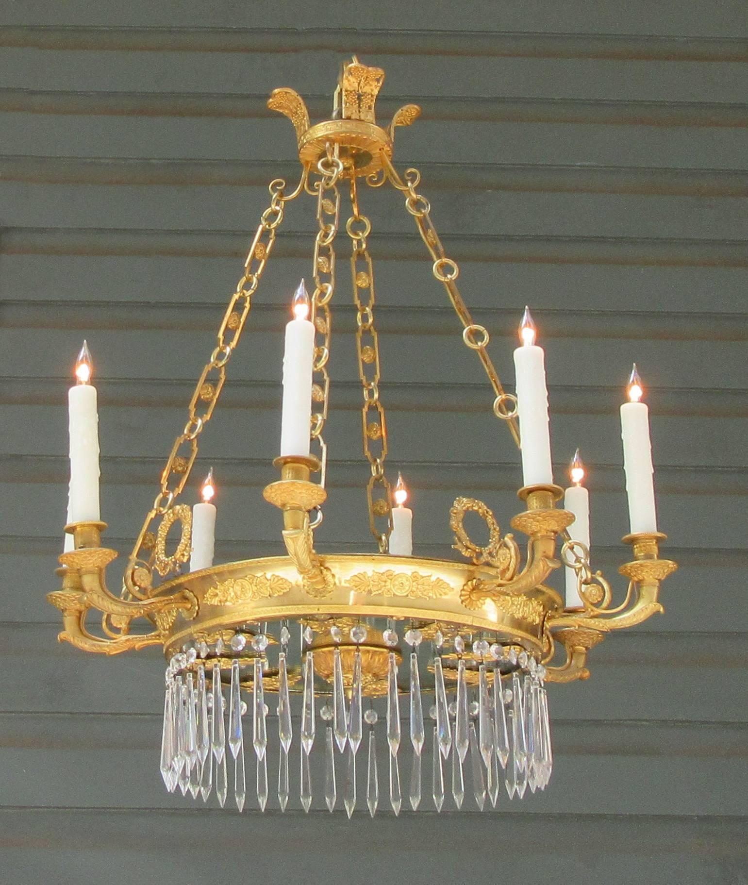 Early 19th Century French Directoire Bronze Doré, Mirror and Crystal Chandelier In Excellent Condition In Charleston, SC