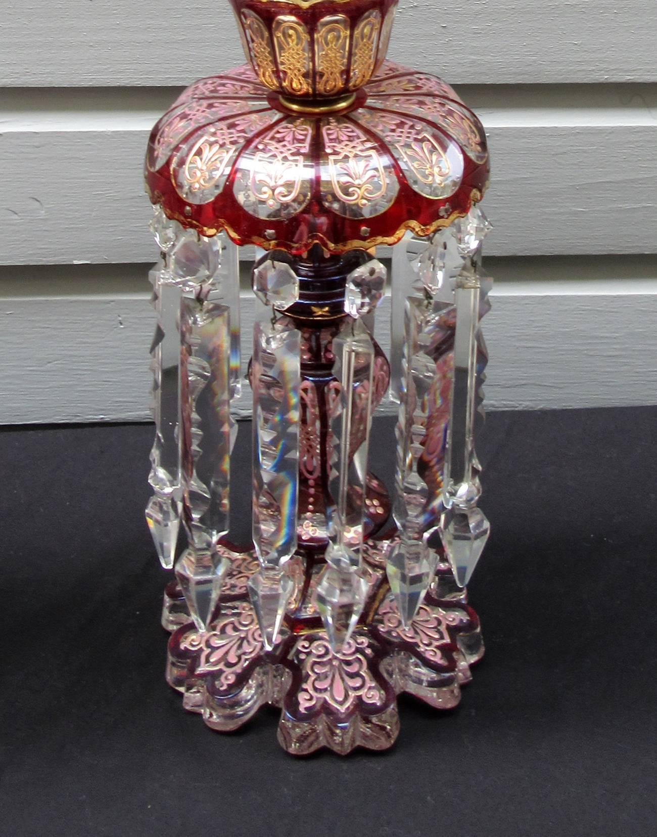 Pair of Late 19th Century Baccarat Cranberry Crystal Lusters with Hurricanes In Good Condition In Charleston, SC