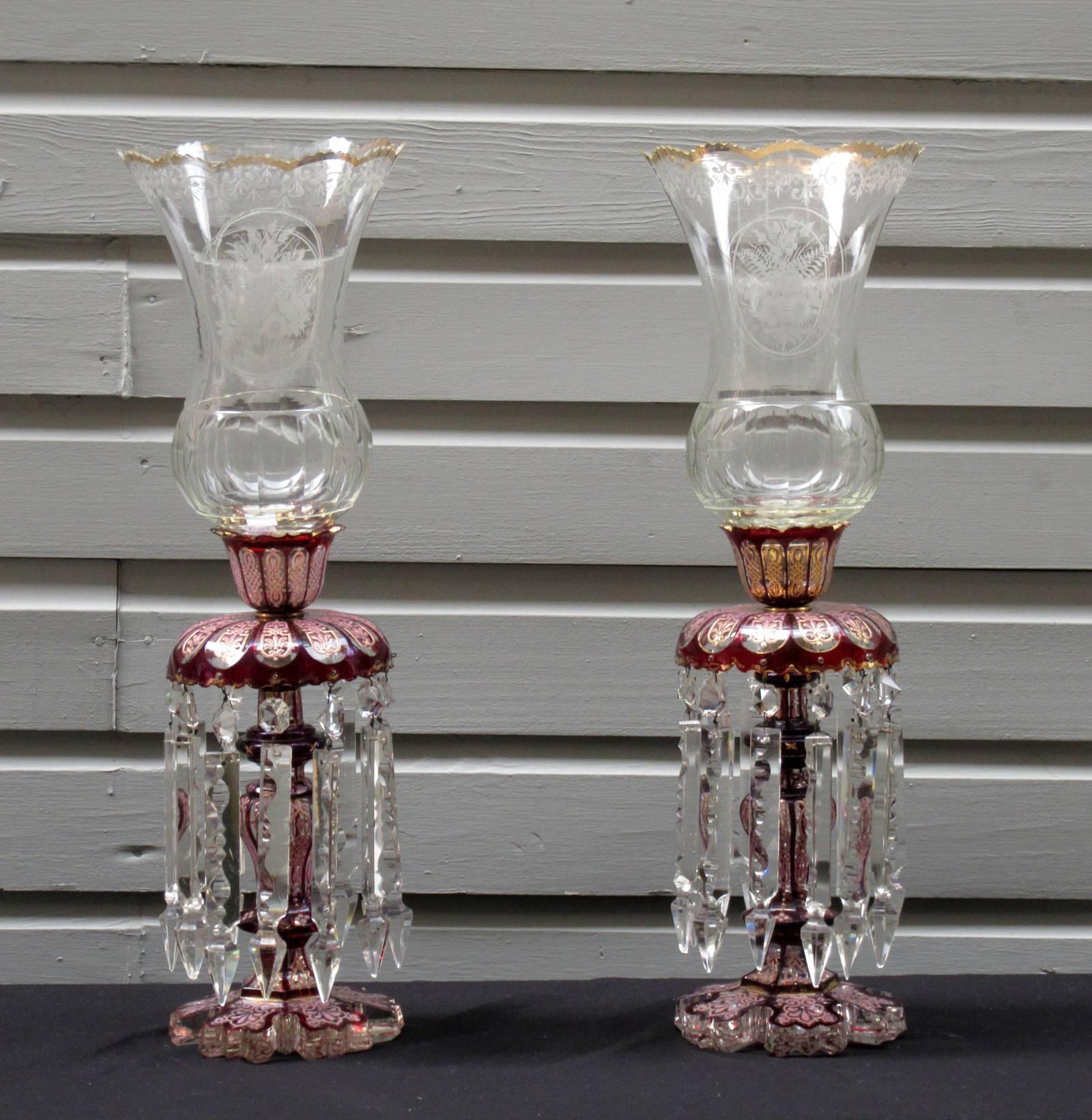 Pair of Late 19th Century Baccarat Cranberry Crystal Lusters with Hurricanes 1