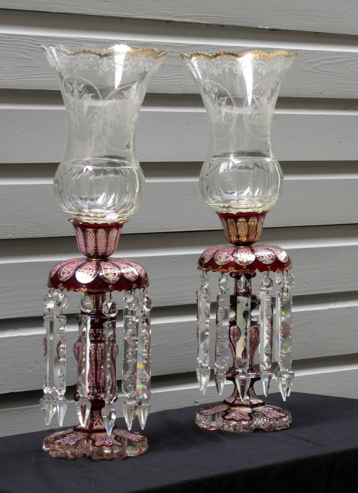 Enamel Pair of Late 19th Century Baccarat Cranberry Crystal Lusters with Hurricanes