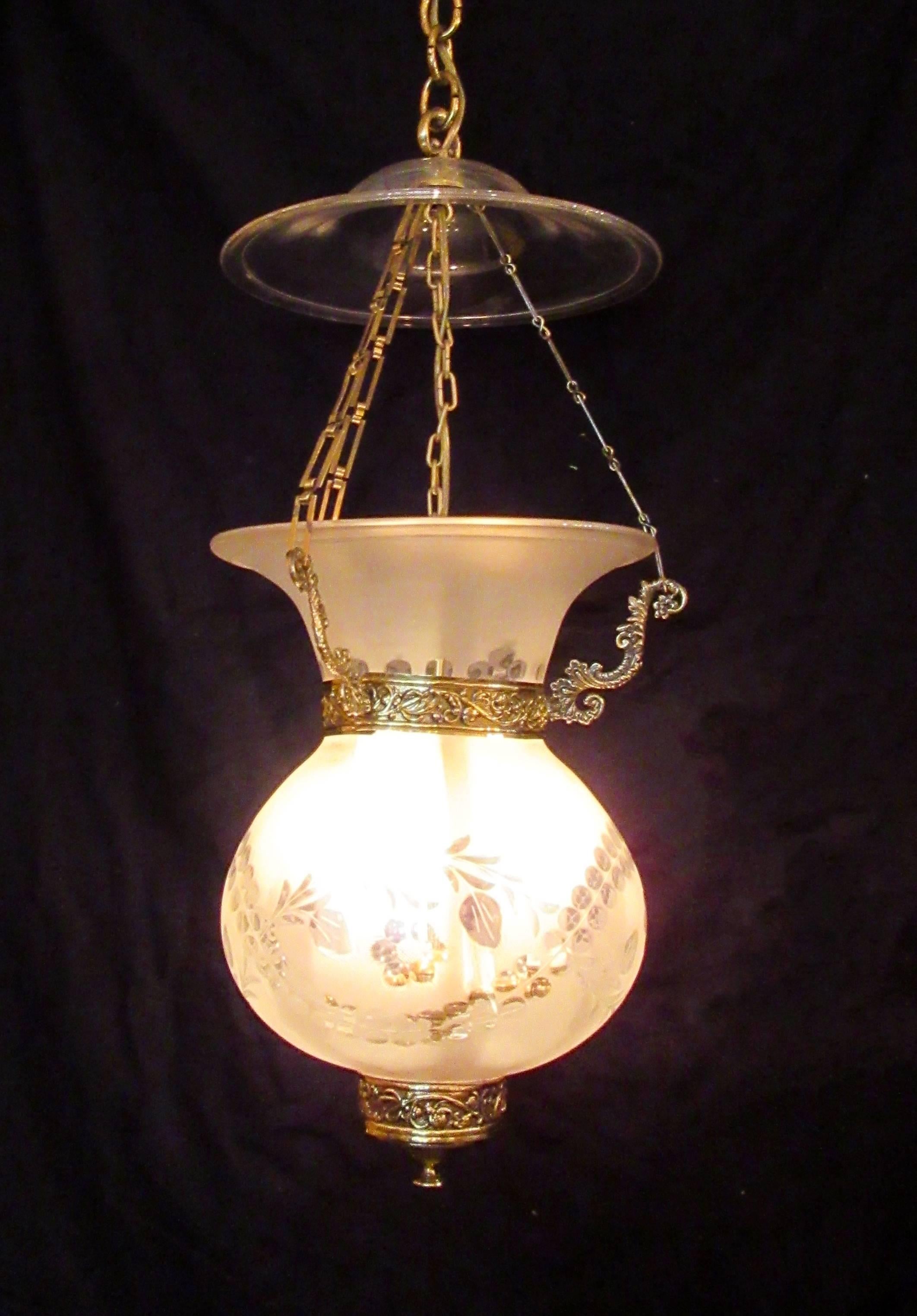 Early 19th Century English Regency Frosted and Etched Glass Bell Jar Lantern 2