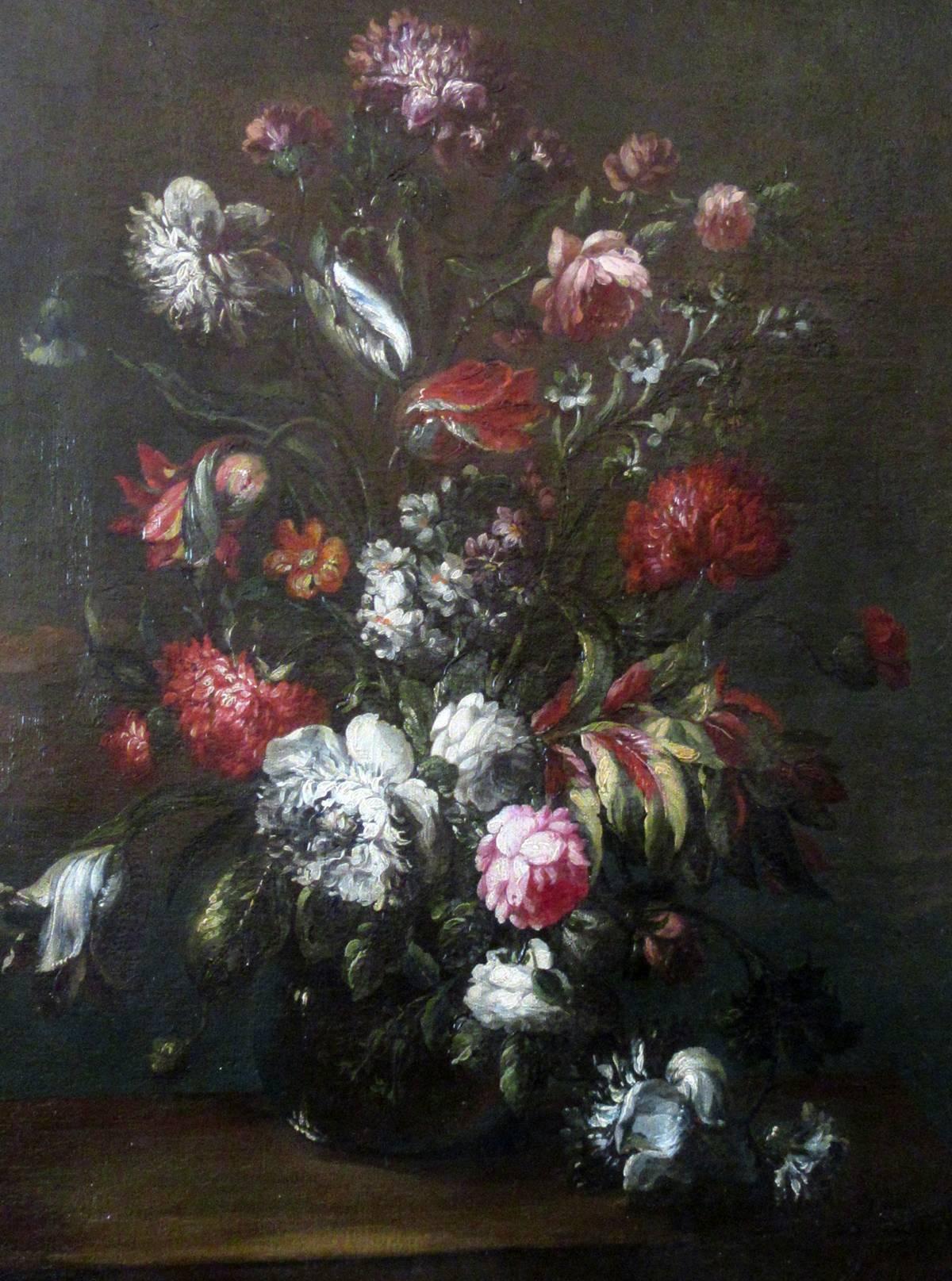 A large-scale 18th century Dutch still life oil painting, circa 1790, featuring peonies and tulips and framed in a giltwood frame. The measurements below include the frame.