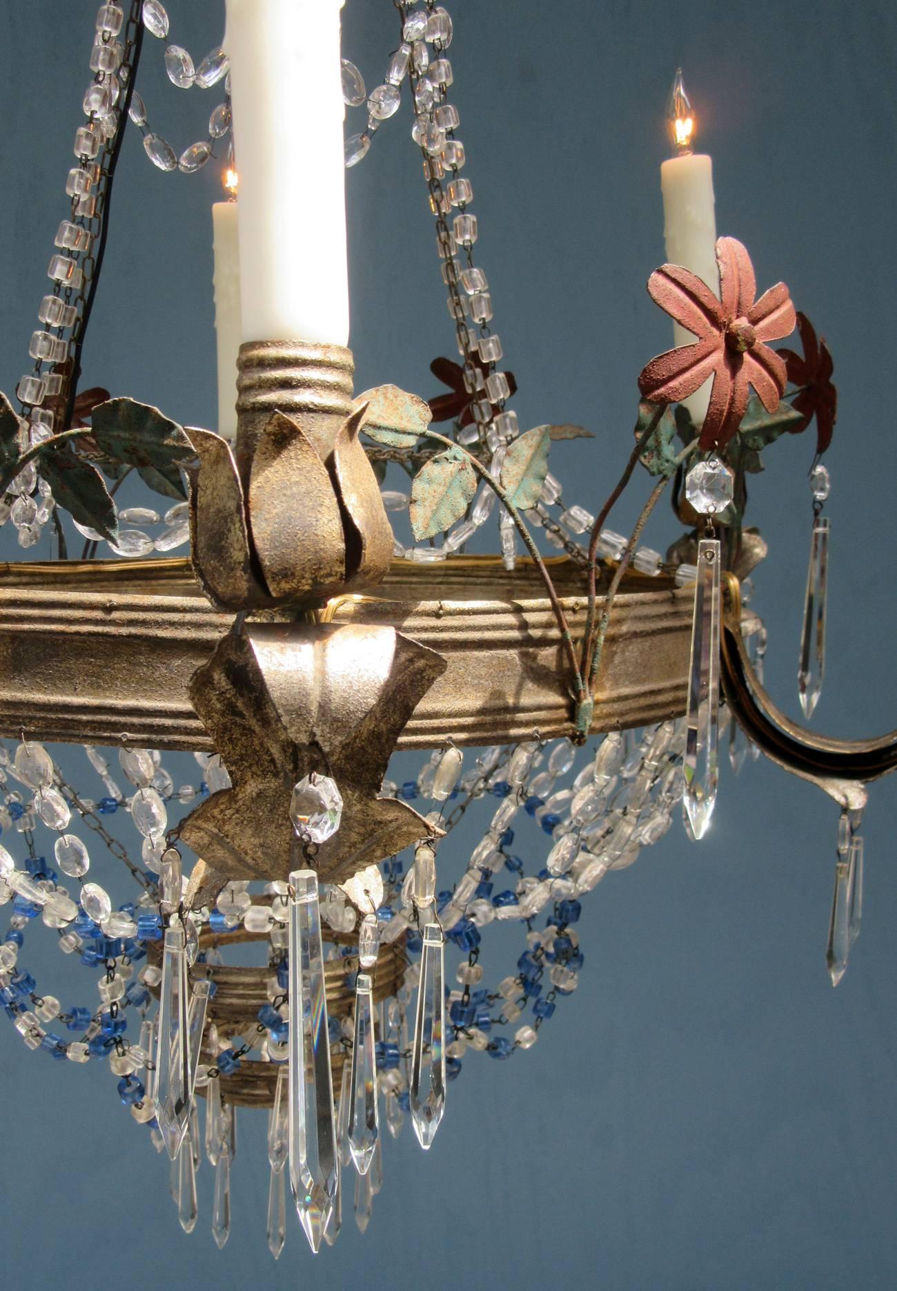Mid-19th Century Italian Empire Crystal Beaded and Floral Tole Chandelier 2