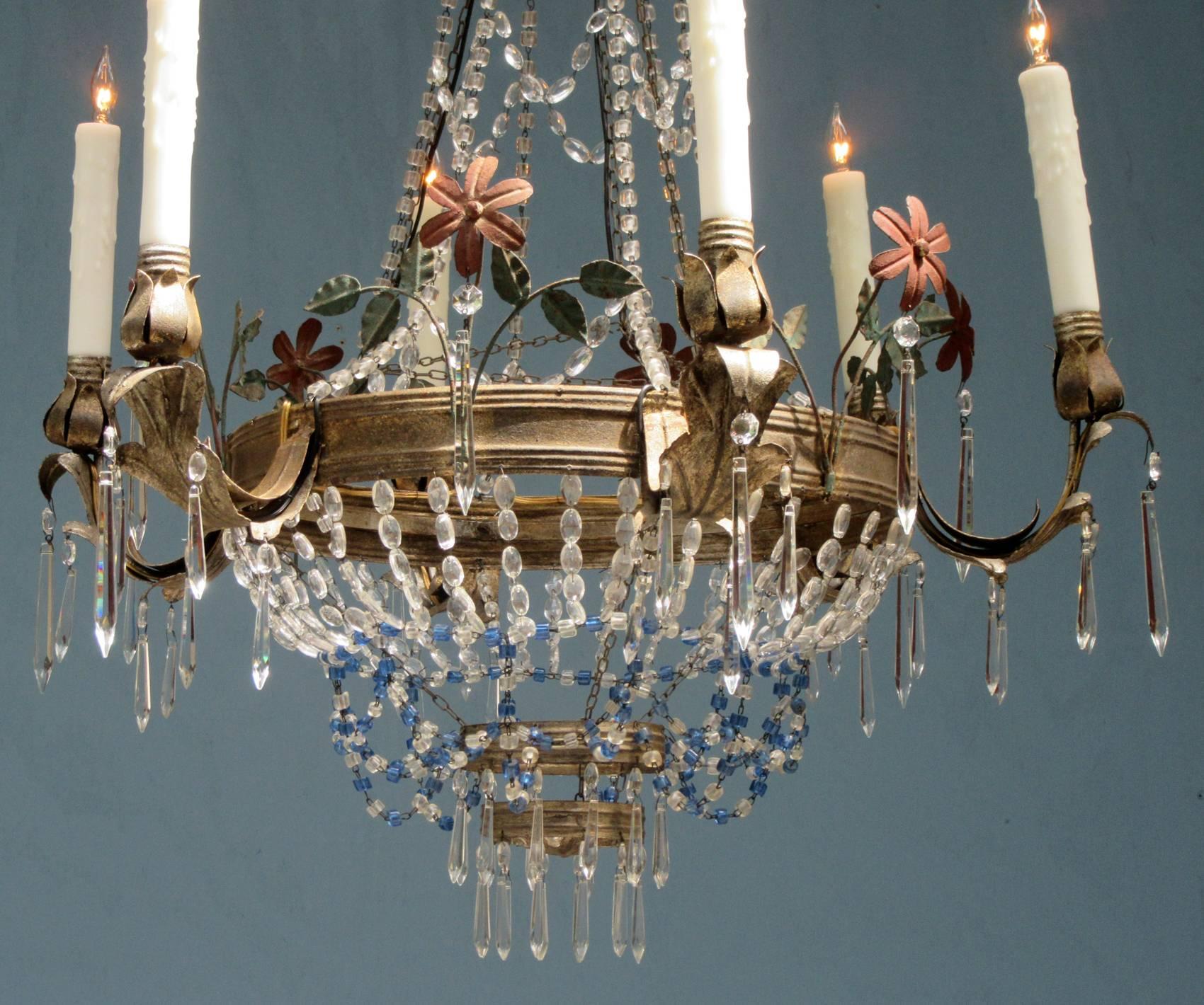 Mid-19th Century Italian Empire Crystal Beaded and Floral Tole Chandelier 4