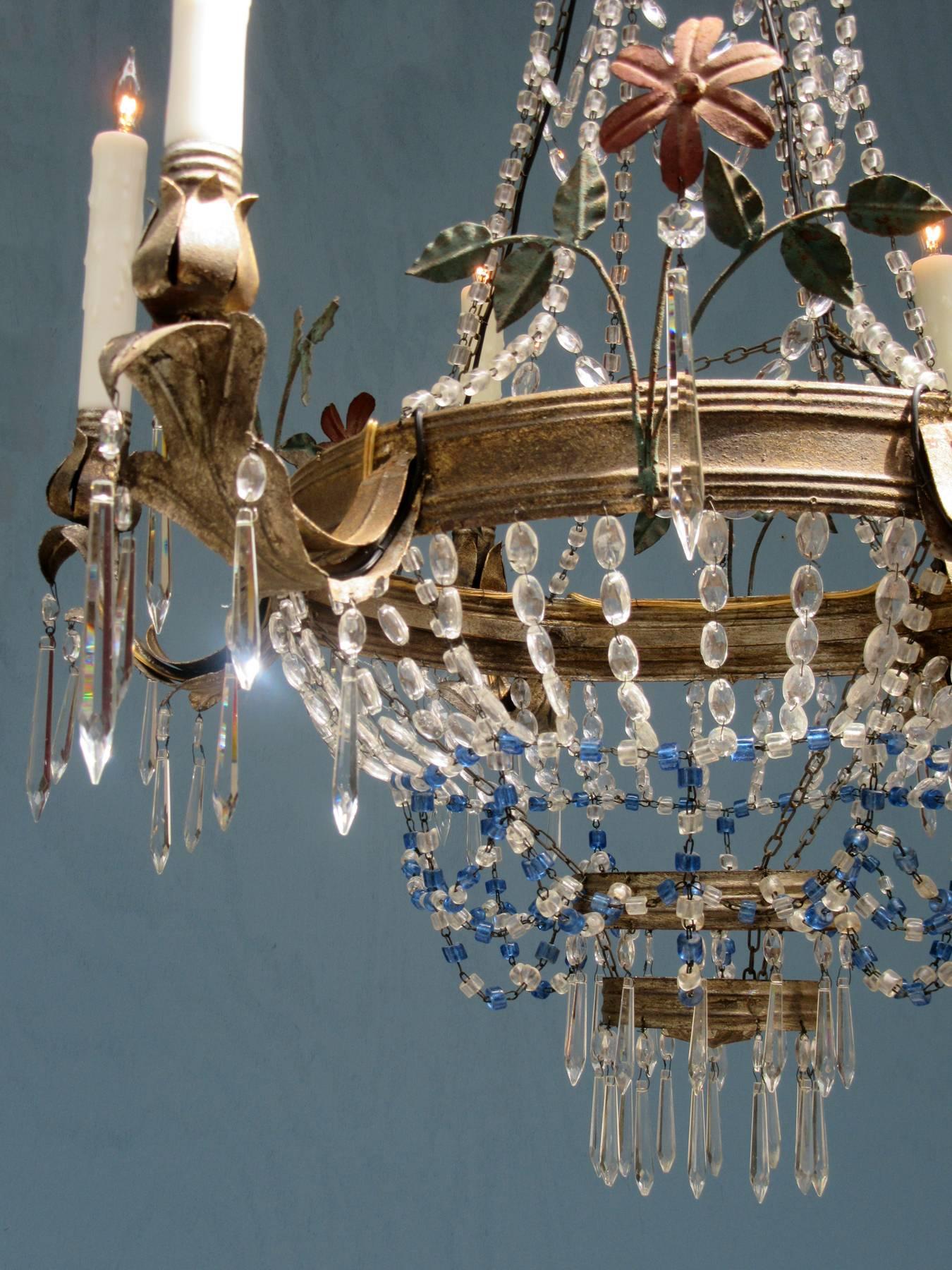 Mid-19th Century Italian Empire Crystal Beaded and Floral Tole Chandelier 6