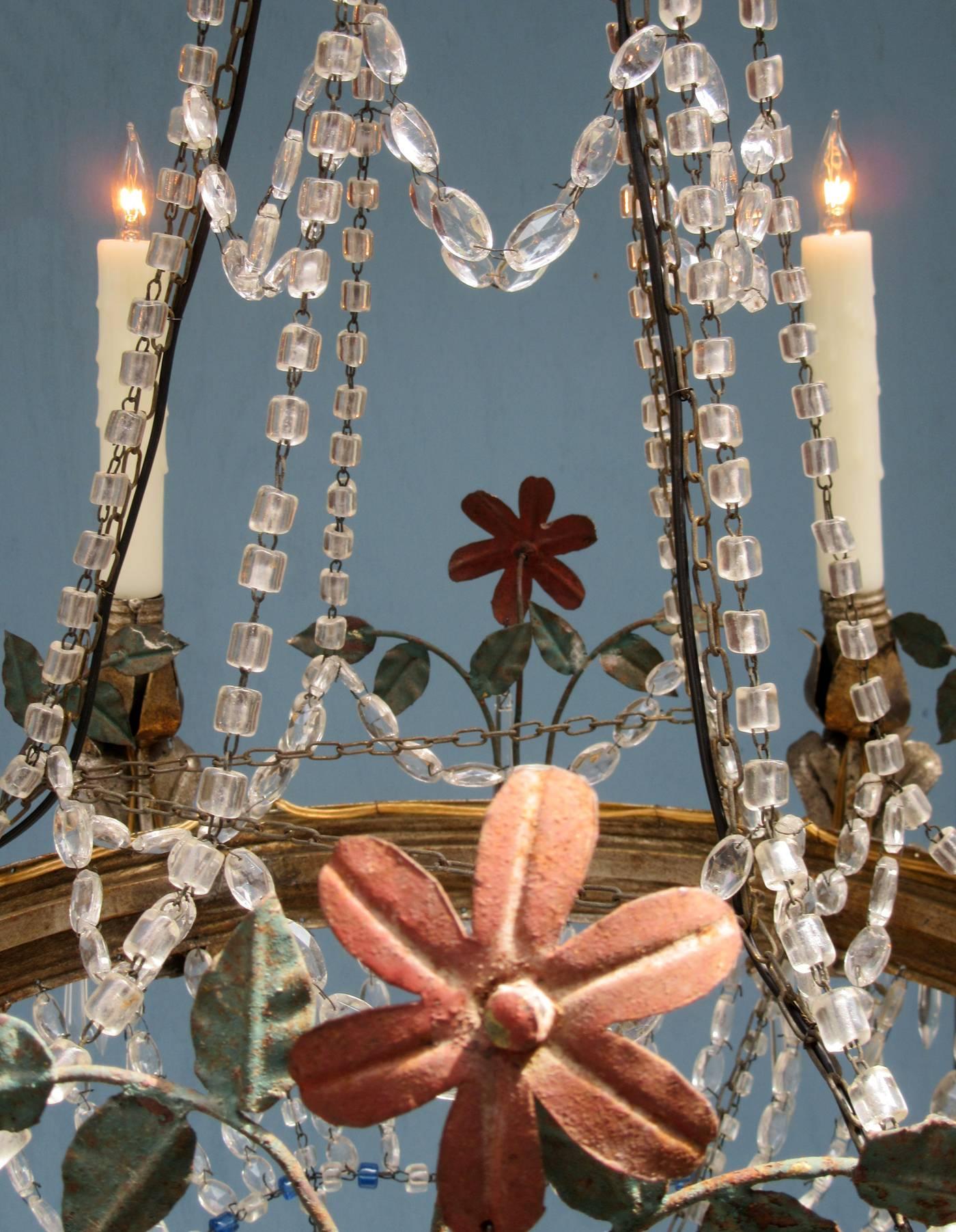 Mid-19th Century Italian Empire Crystal Beaded and Floral Tole Chandelier 3