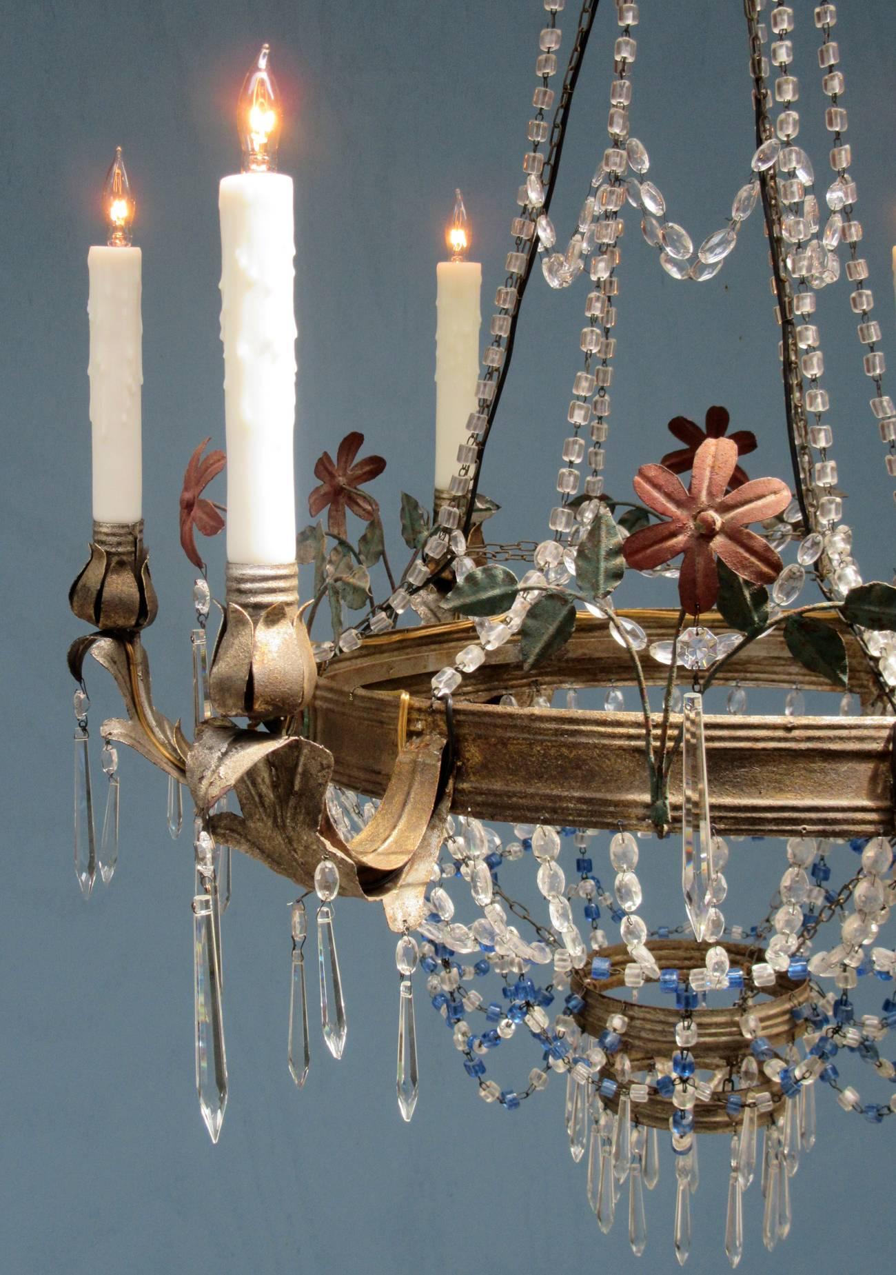 Mid-19th Century Italian Empire Crystal Beaded and Floral Tole Chandelier 1