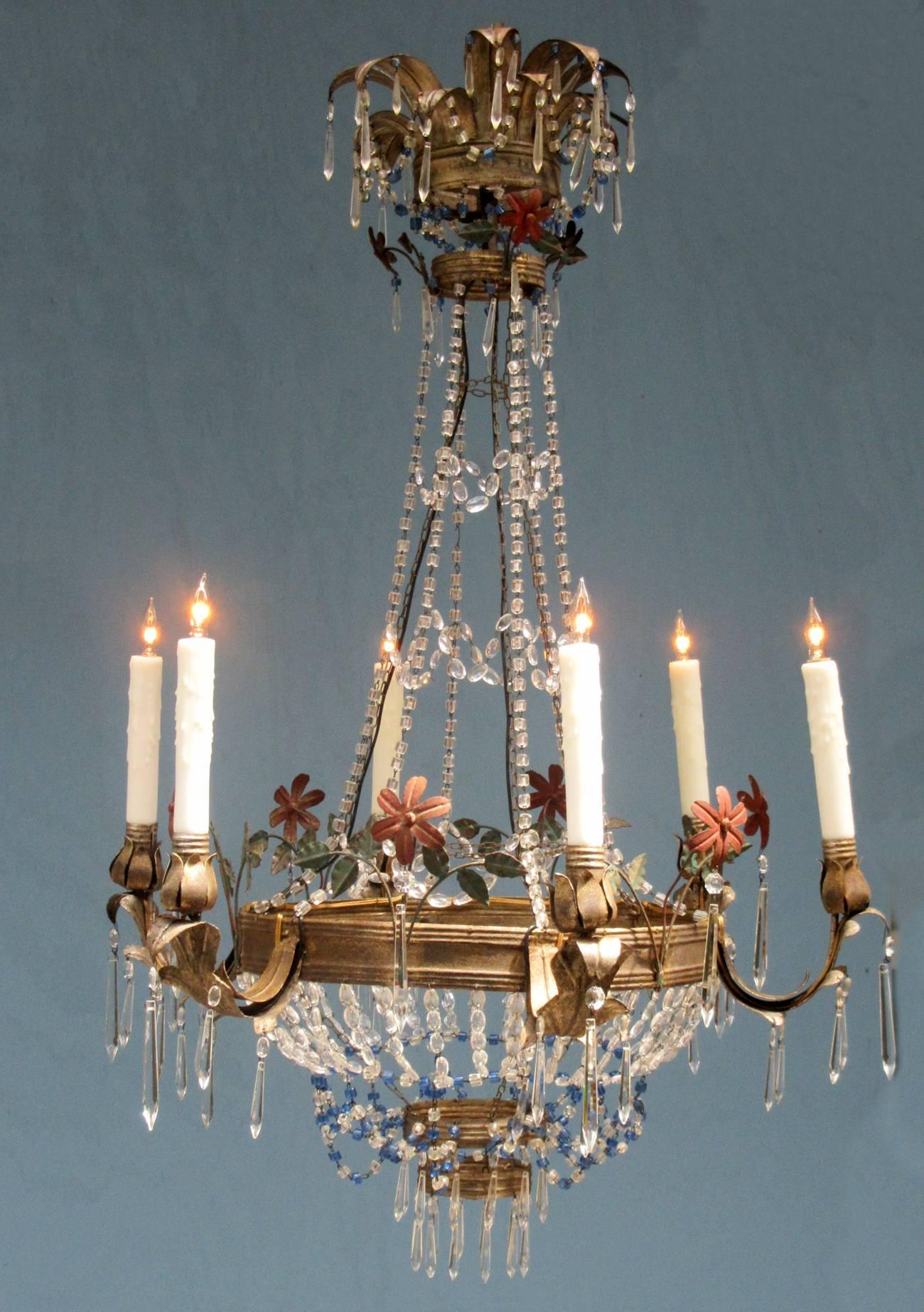 Mid-19th Century Italian Empire Crystal Beaded and Floral Tole Chandelier 7