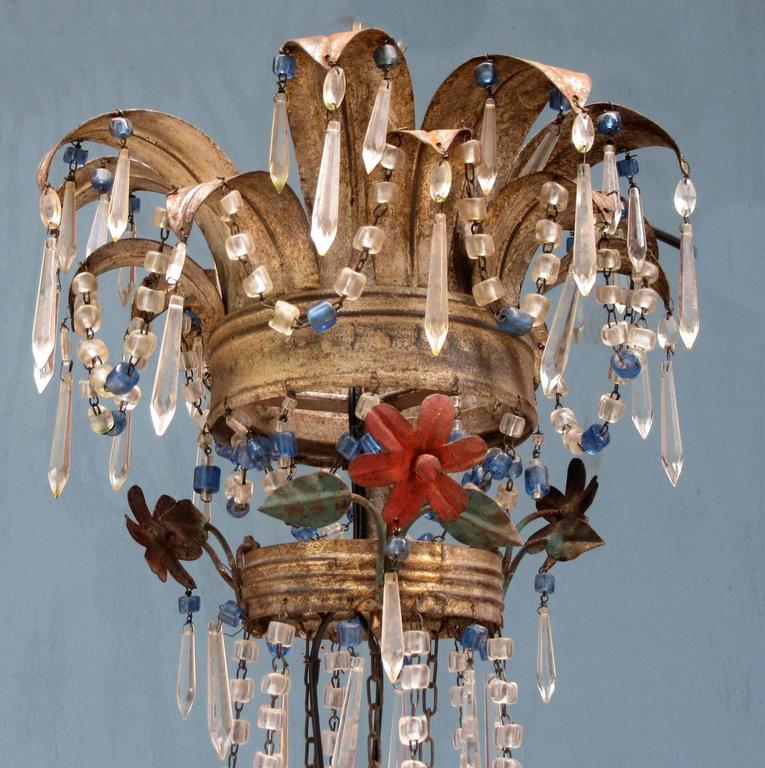 Mid 19th Century Italian Empire Crystal Beaded And Fl Tole Mid 19th Century Italian Empire Crystal Beaded And Fl Tole Chandelier In Excellent Condition For