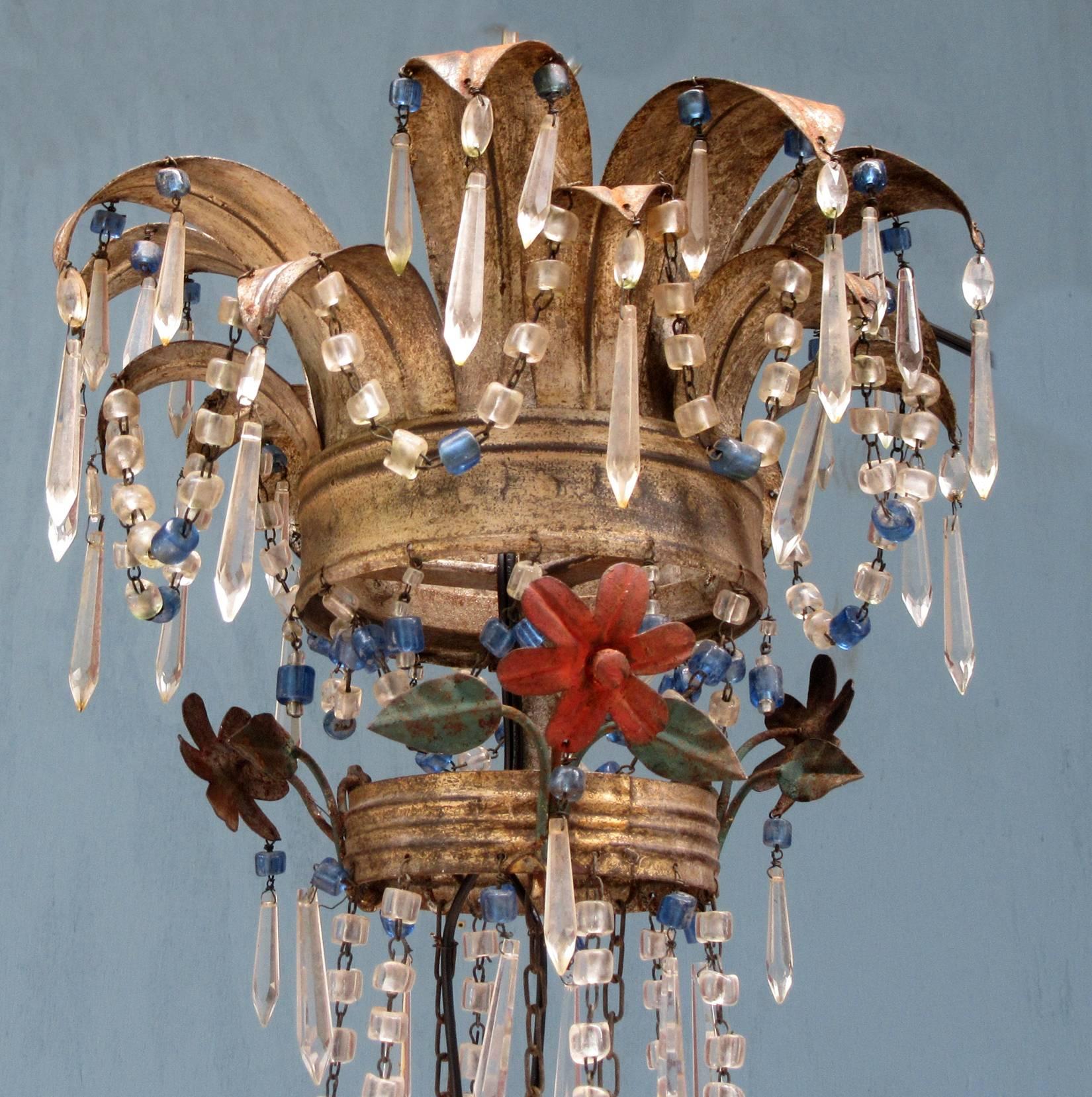 Mid-19th Century Italian Empire Crystal Beaded and Floral Tole Chandelier In Excellent Condition In Charleston, SC