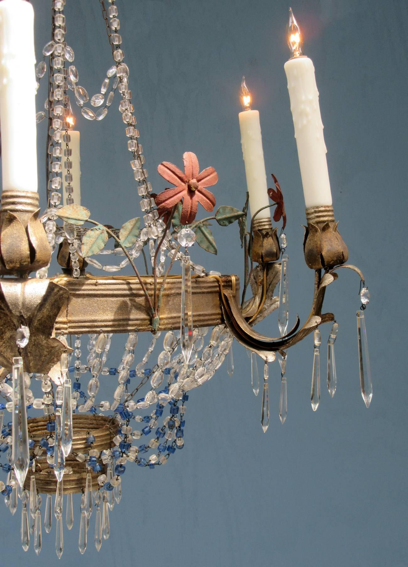 Mid-19th Century Italian Empire Crystal Beaded and Floral Tole Chandelier 5