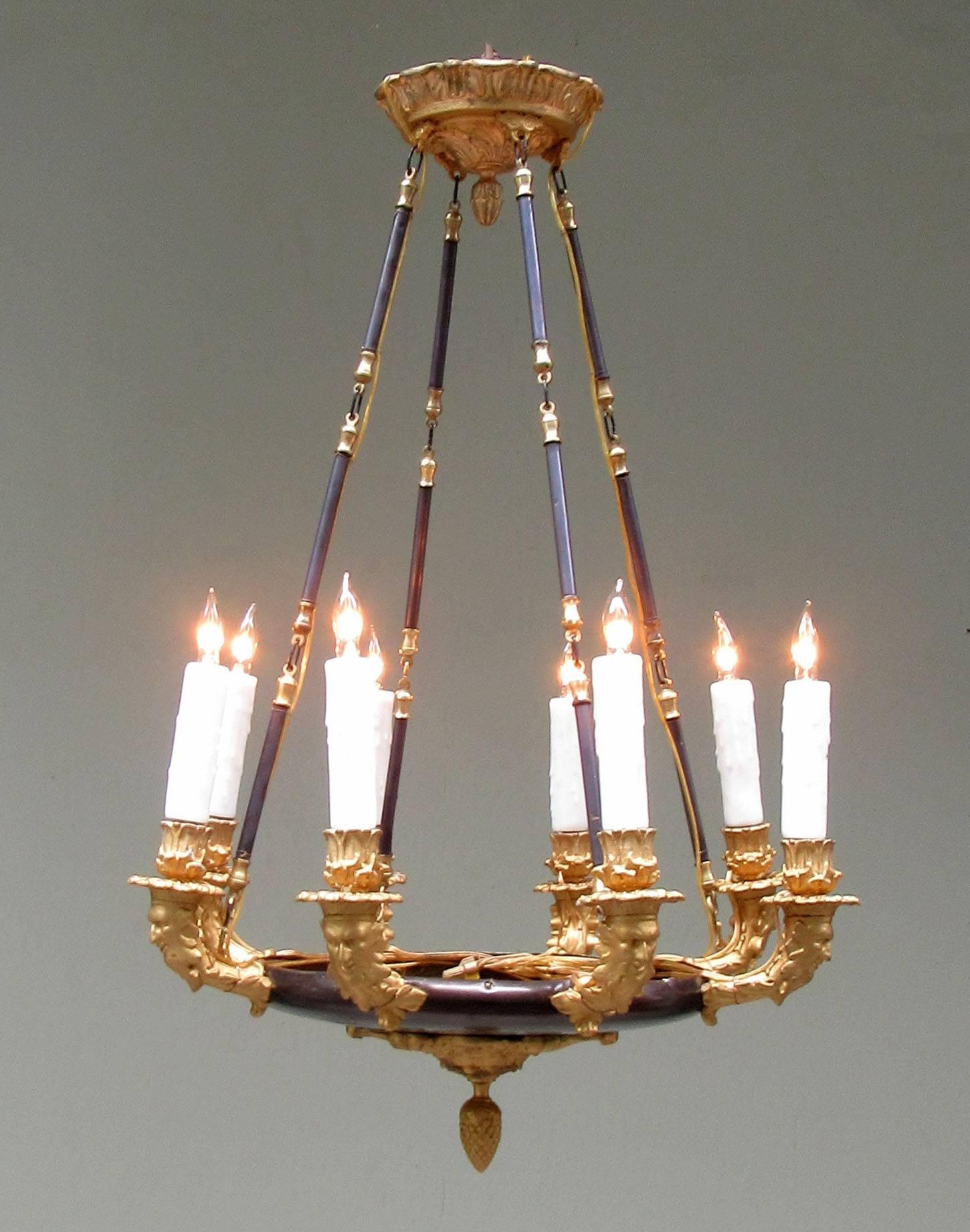 19th Century French Empire Patinated Brass and Zinc North Winds Chandelier For Sale 2