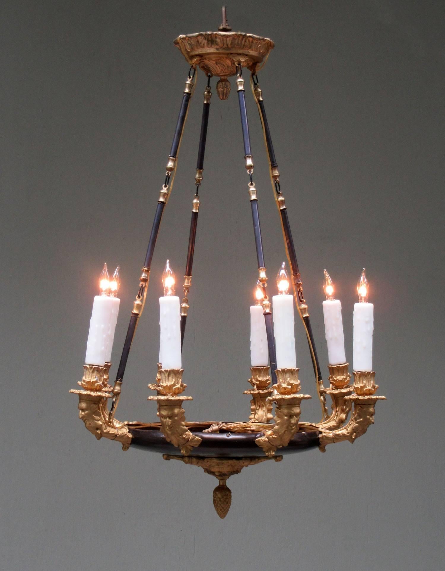 19th Century French Empire Patinated Brass and Zinc North Winds Chandelier For Sale 3