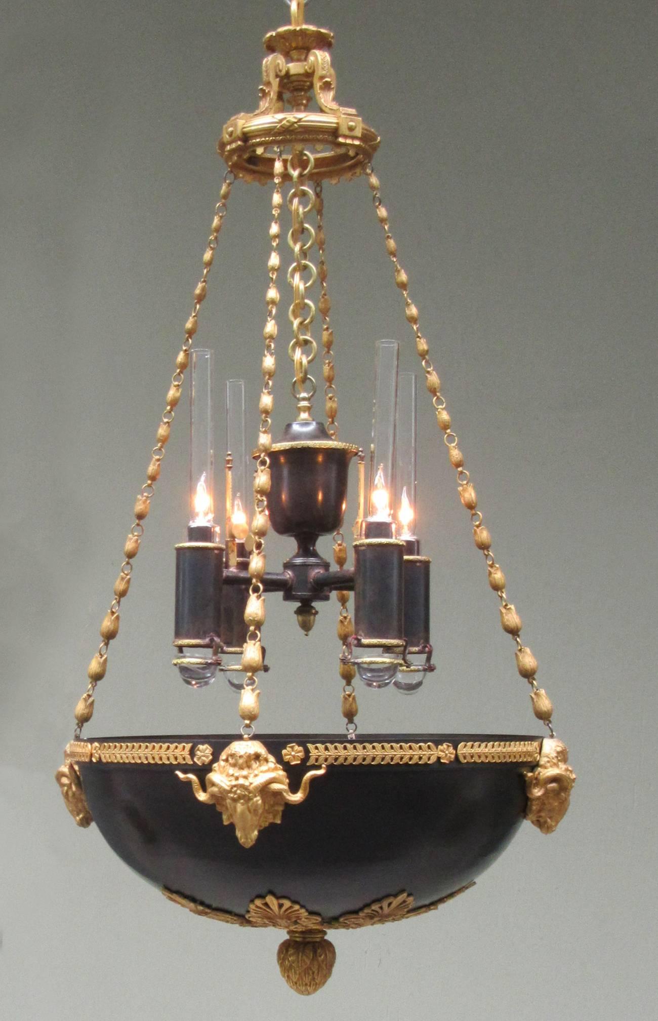 Pair of Early 19th Century English Regency Bronze Argand Pendant Chandeliers In Excellent Condition In Charleston, SC