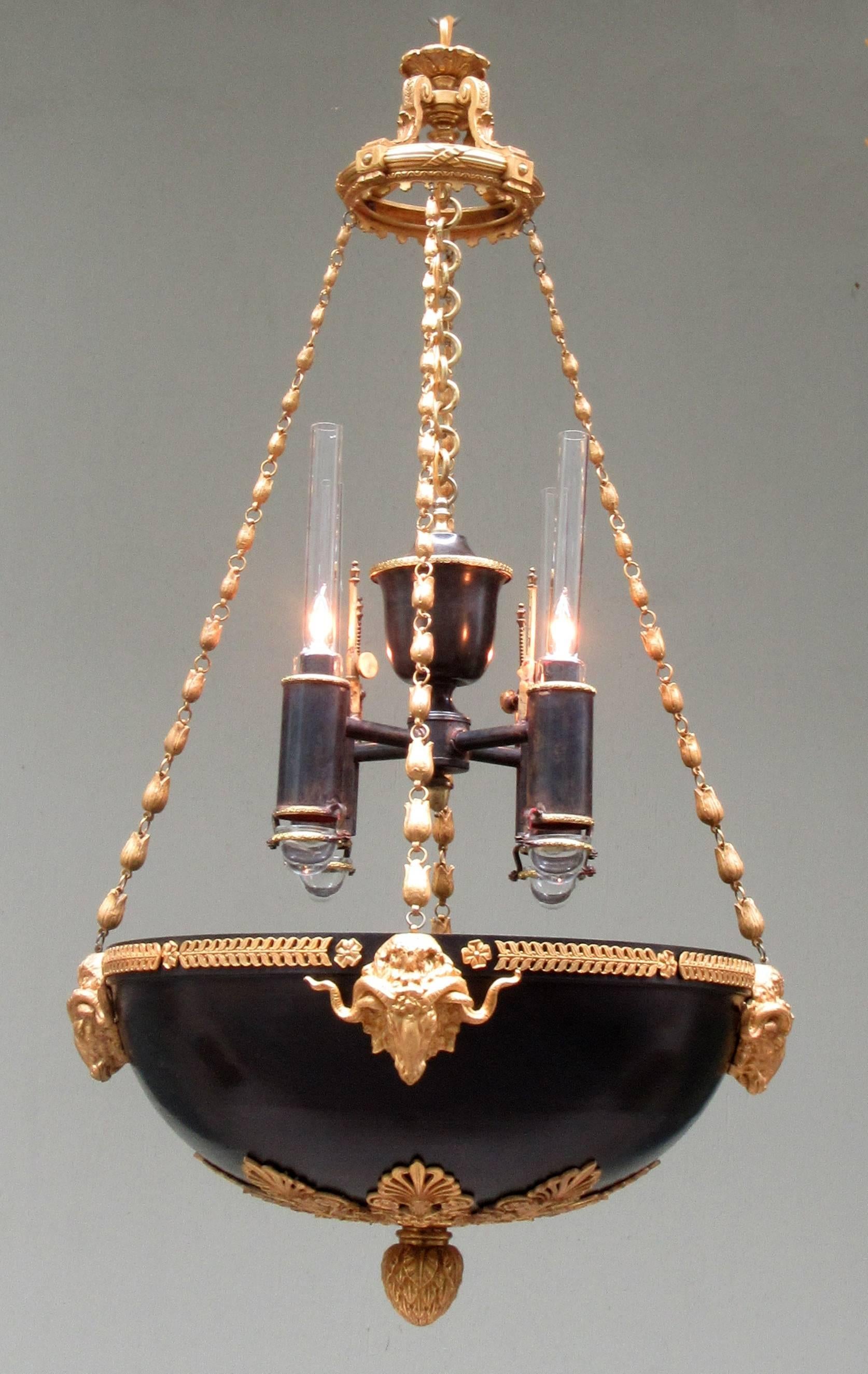 Gilt Pair of Early 19th Century English Regency Bronze Argand Pendant Chandeliers