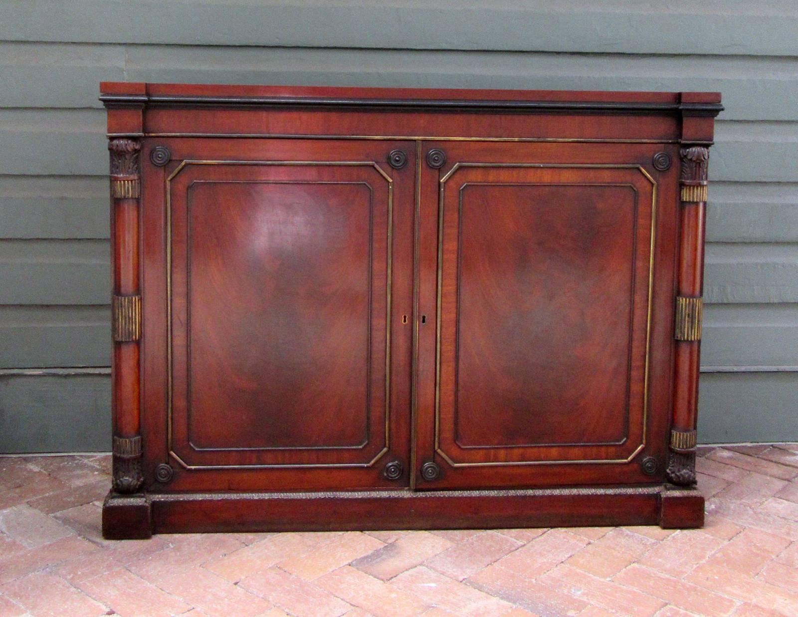 19th Century English Regency Mahogany with Brass Two-Door Cabinet with Columns In Excellent Condition In Charleston, SC