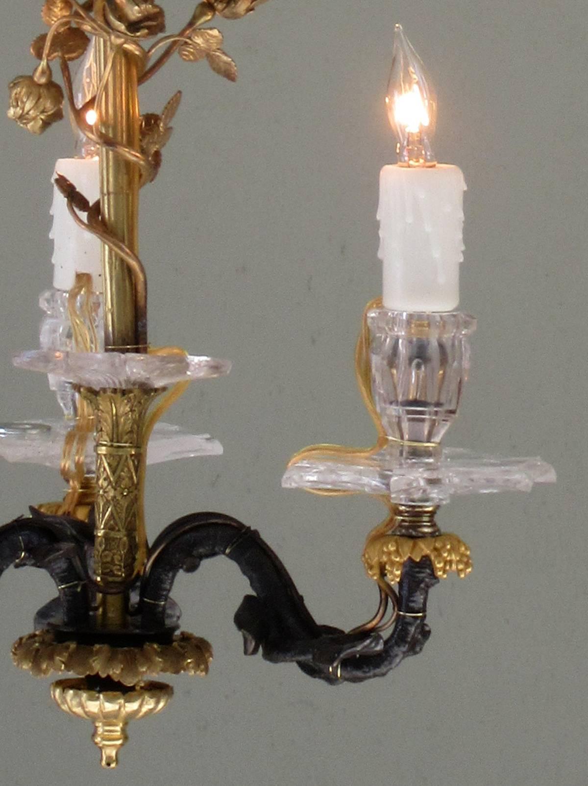 Pair of Small 19th Century French Louis XIV Bronze Dore Rock Crystal Chandeliers 1
