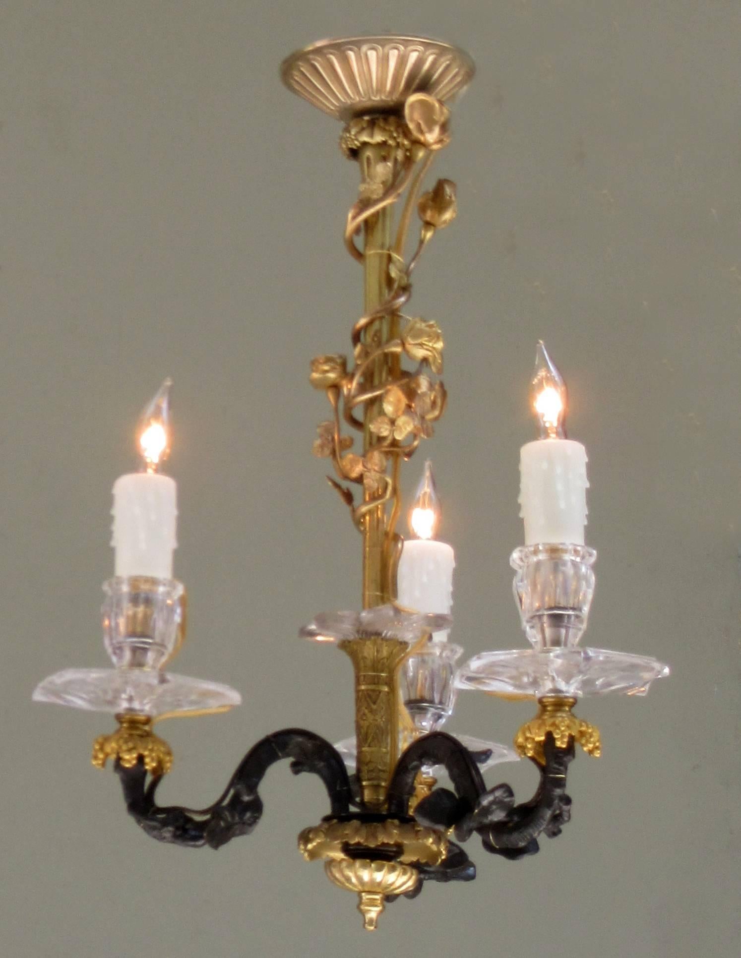 Gilt Pair of Small 19th Century French Louis XIV Bronze Dore Rock Crystal Chandeliers