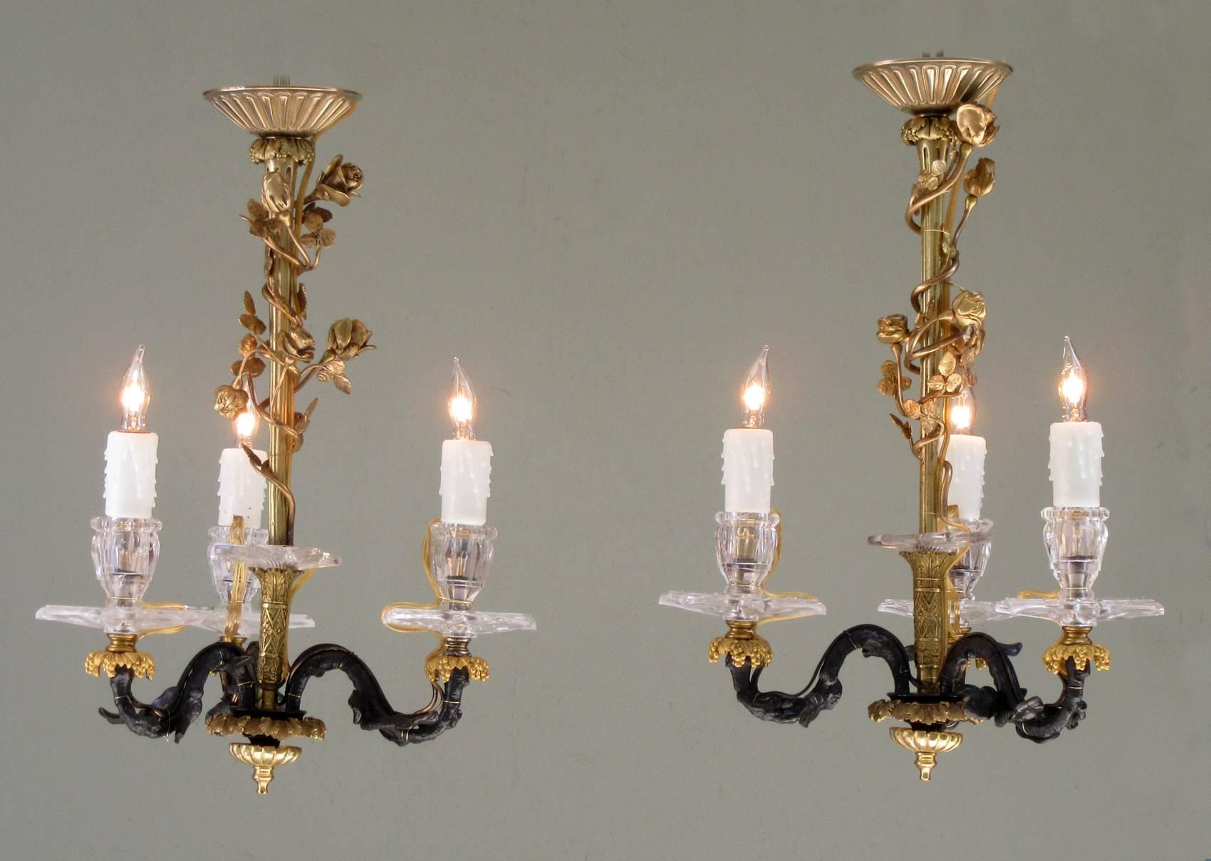 Pair of Small 19th Century French Louis XIV Bronze Dore Rock Crystal Chandeliers 2
