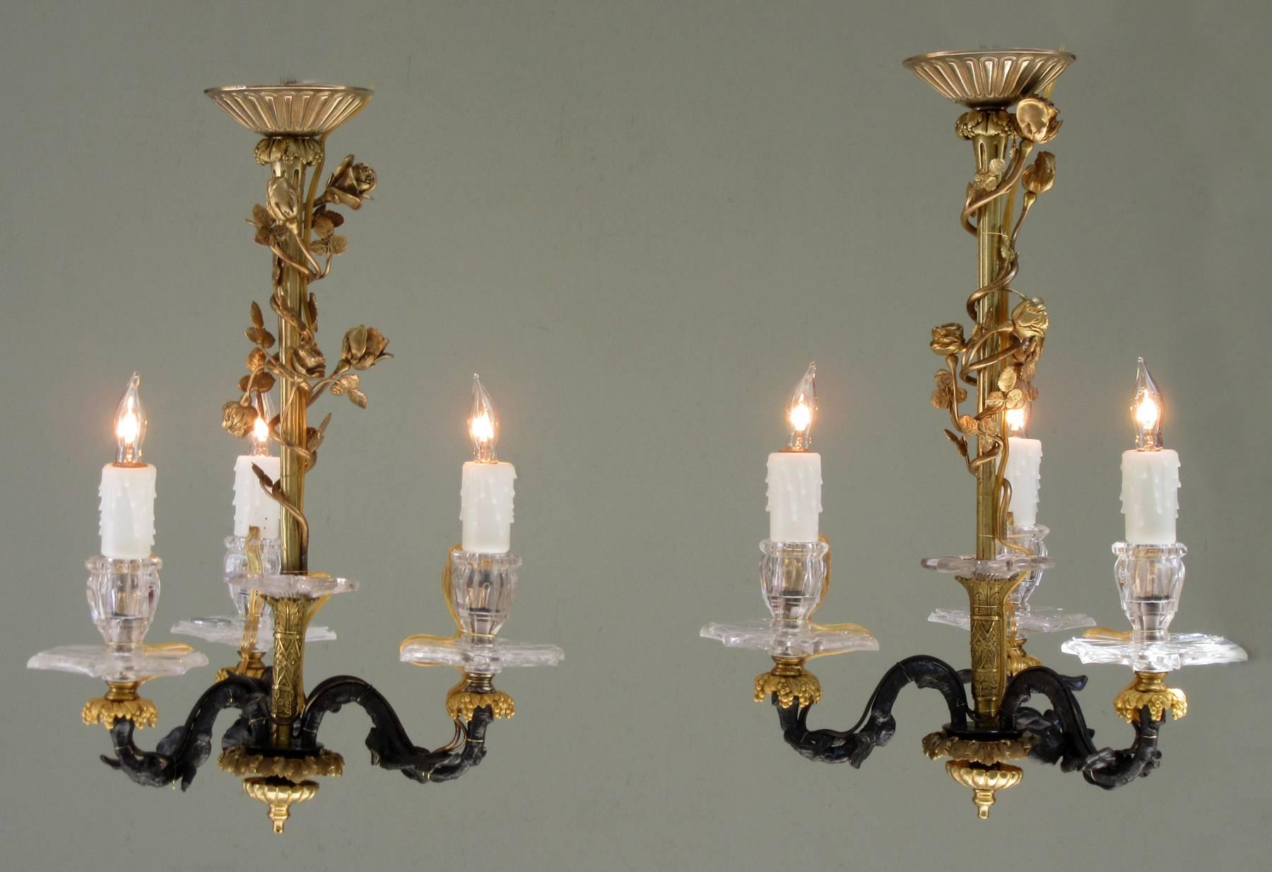 Pair of Small 19th Century French Louis XIV Bronze Dore Rock Crystal Chandeliers 3