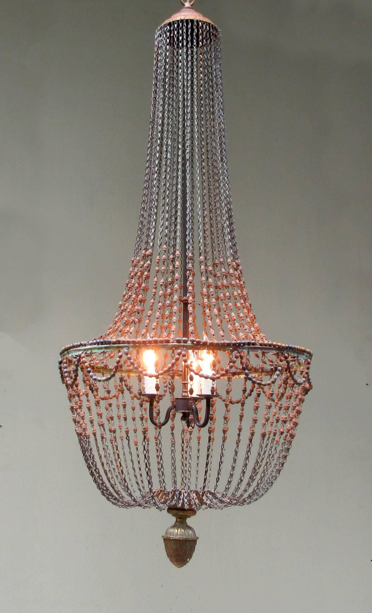 Brass Early 20th Century Italian Empire Hand-Carved Wood Bead Chandelier with Pinecone