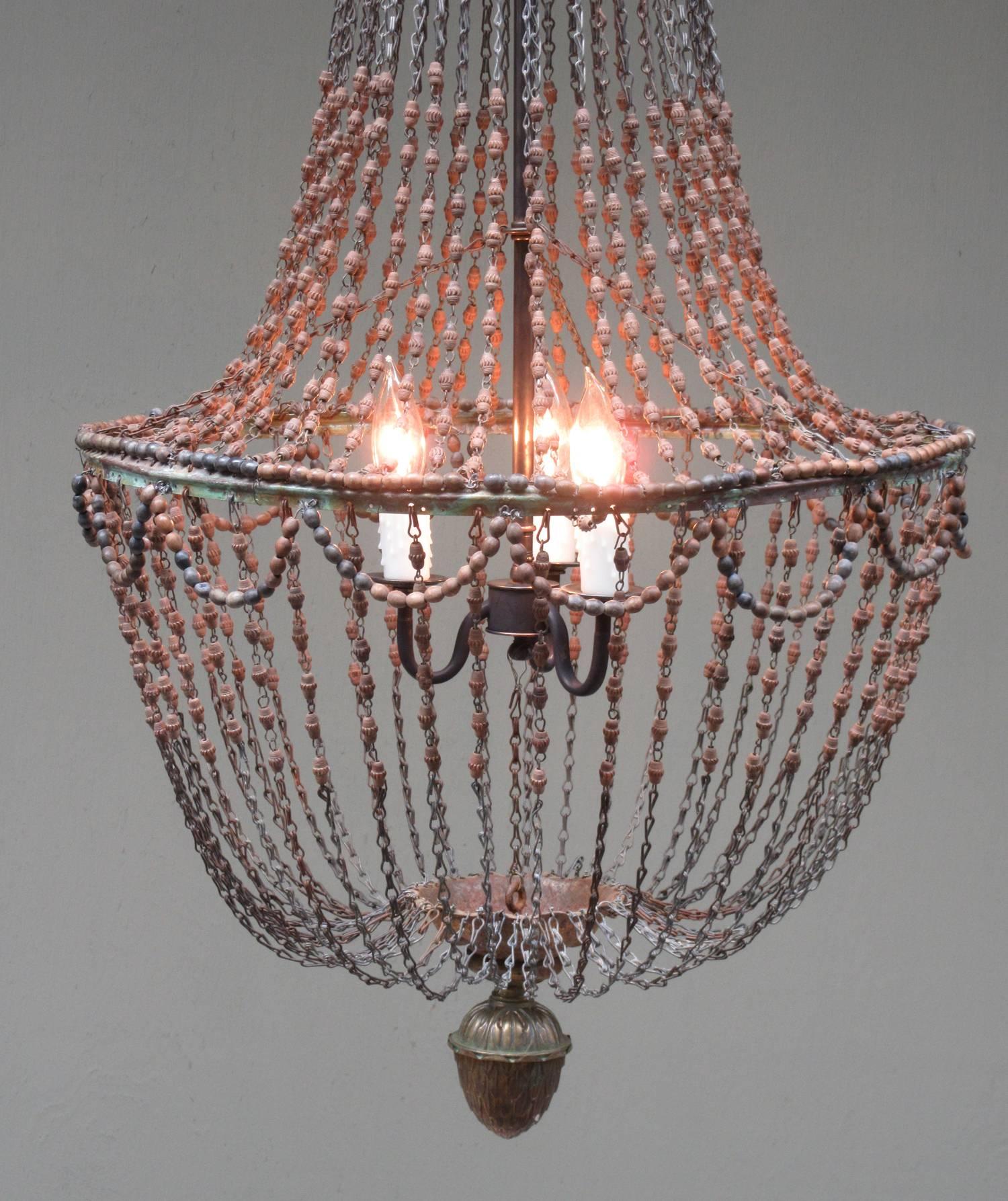 Early 20th Century Italian Empire Hand-Carved Wood Bead Chandelier with Pinecone In Excellent Condition In Charleston, SC