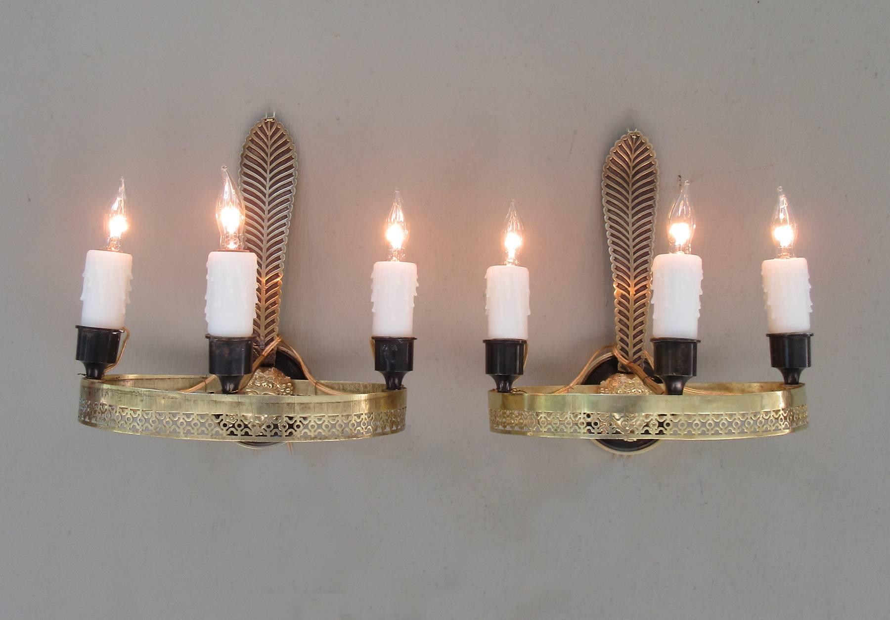 Pair of Early 19th Century French Directoire Pierced Brass Sconces 4