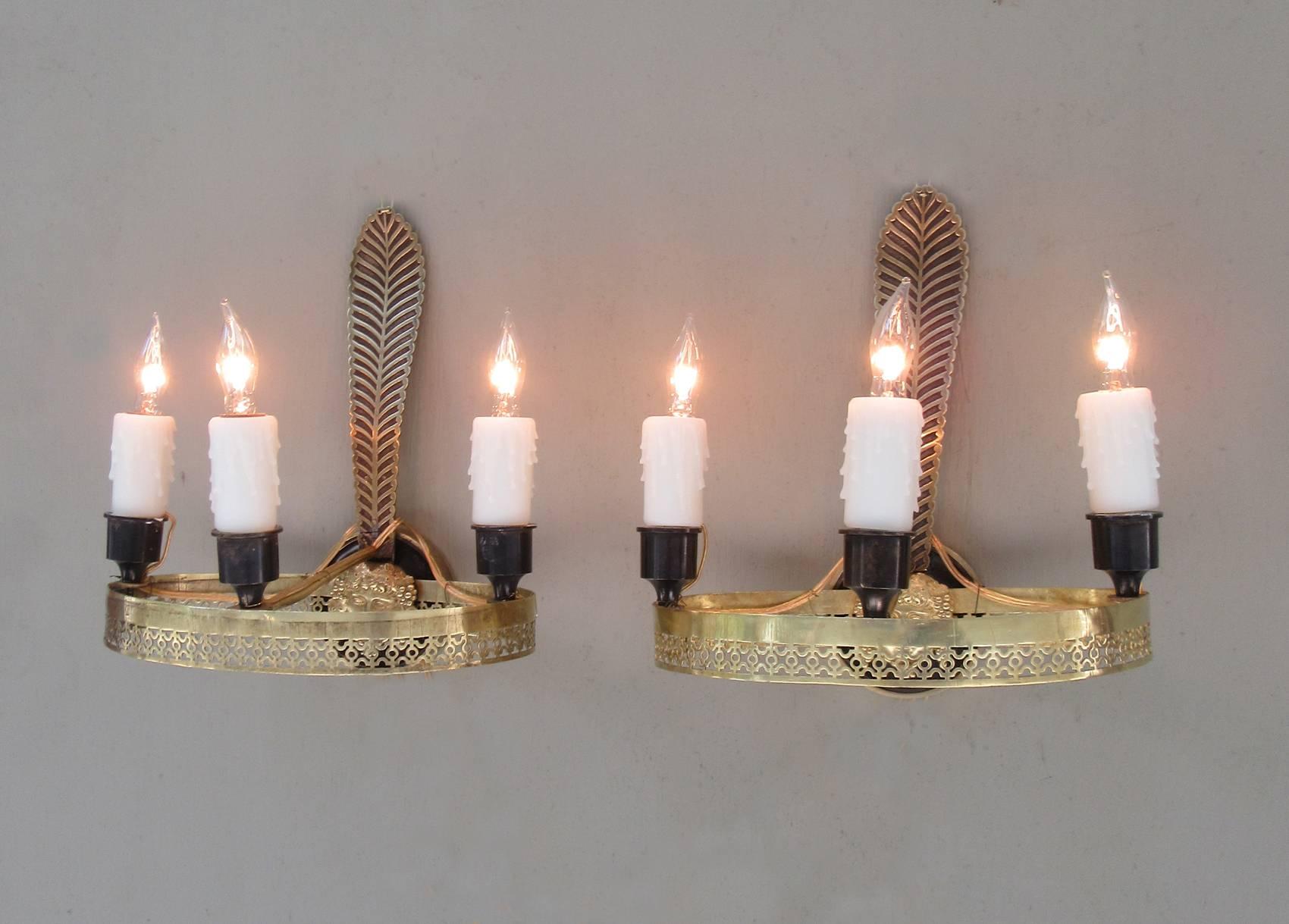 Pair of Early 19th Century French Directoire Pierced Brass Sconces 3