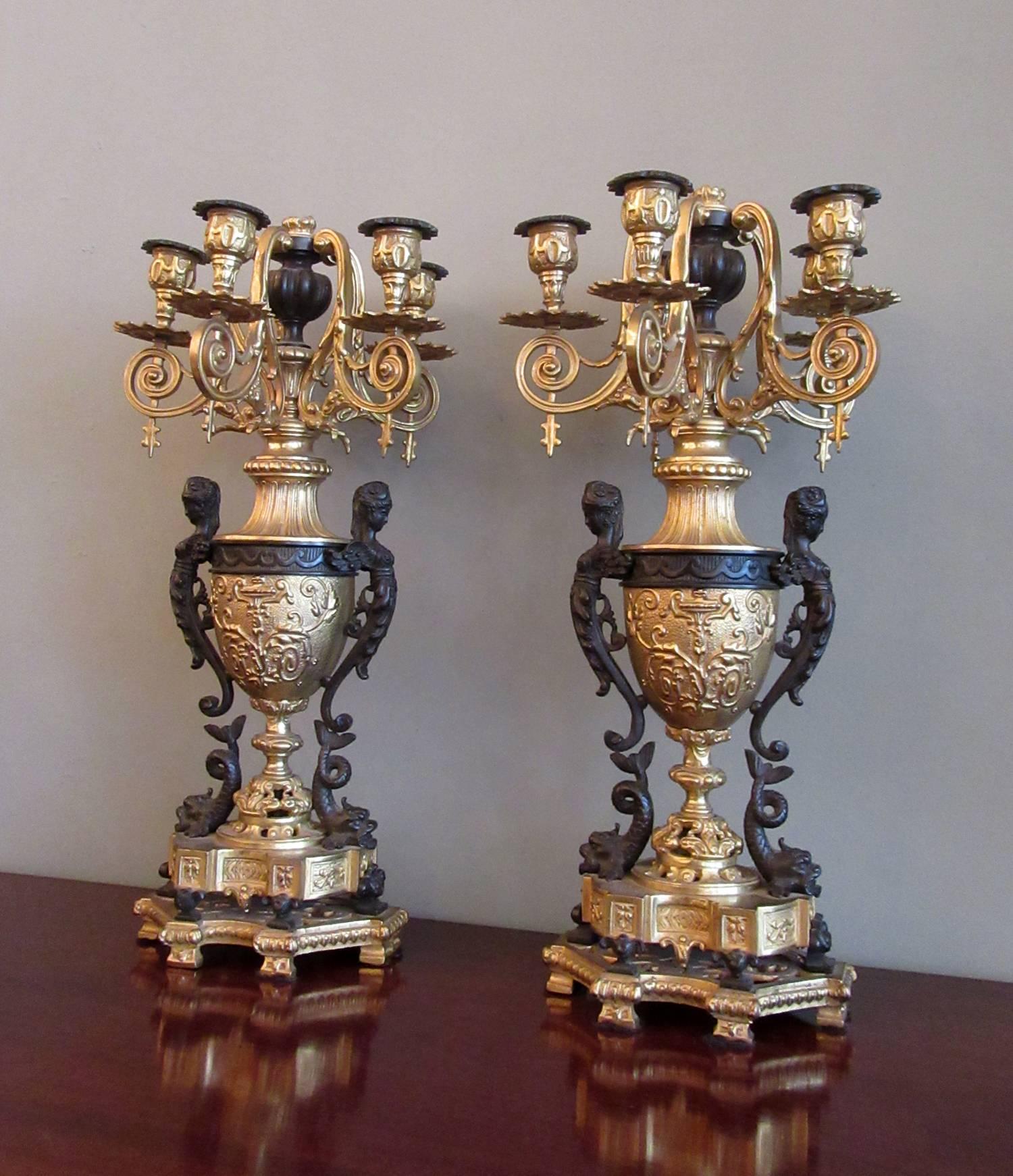 Pair of 19th Century French Neoclassical Patinated & Bronze Doré Urn Candelabras 1