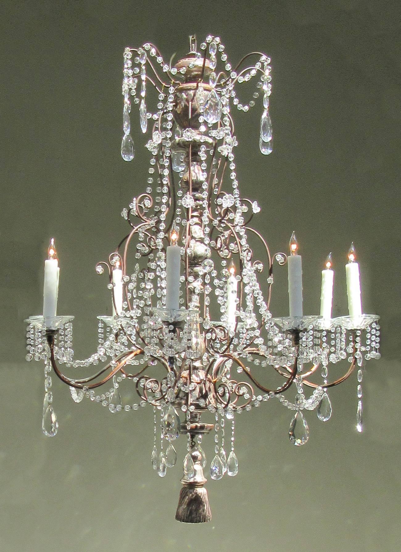 19th Century Italian Baroque Silver Leaf and Crystal Chandelier with Tassel 2