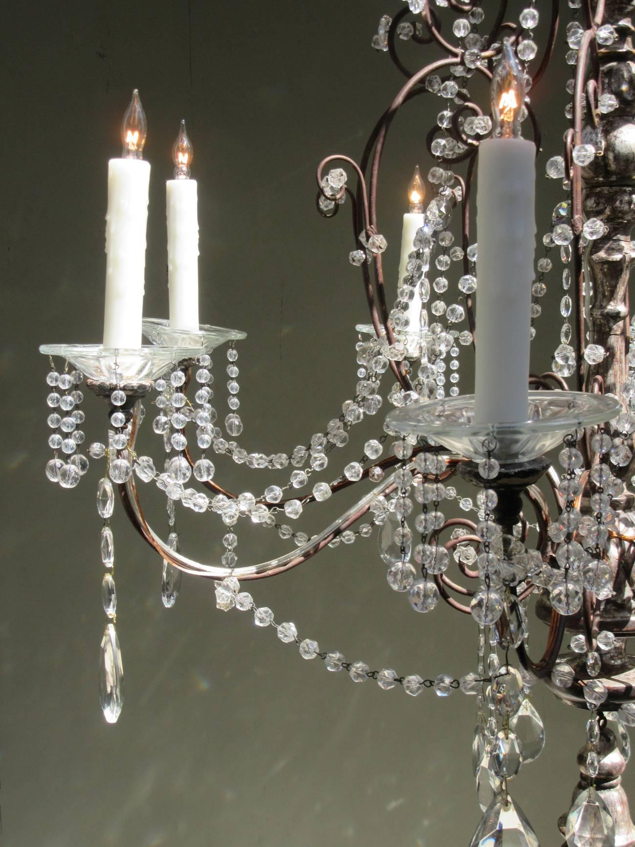 19th Century Italian Baroque Silver Leaf and Crystal Chandelier with Tassel 3