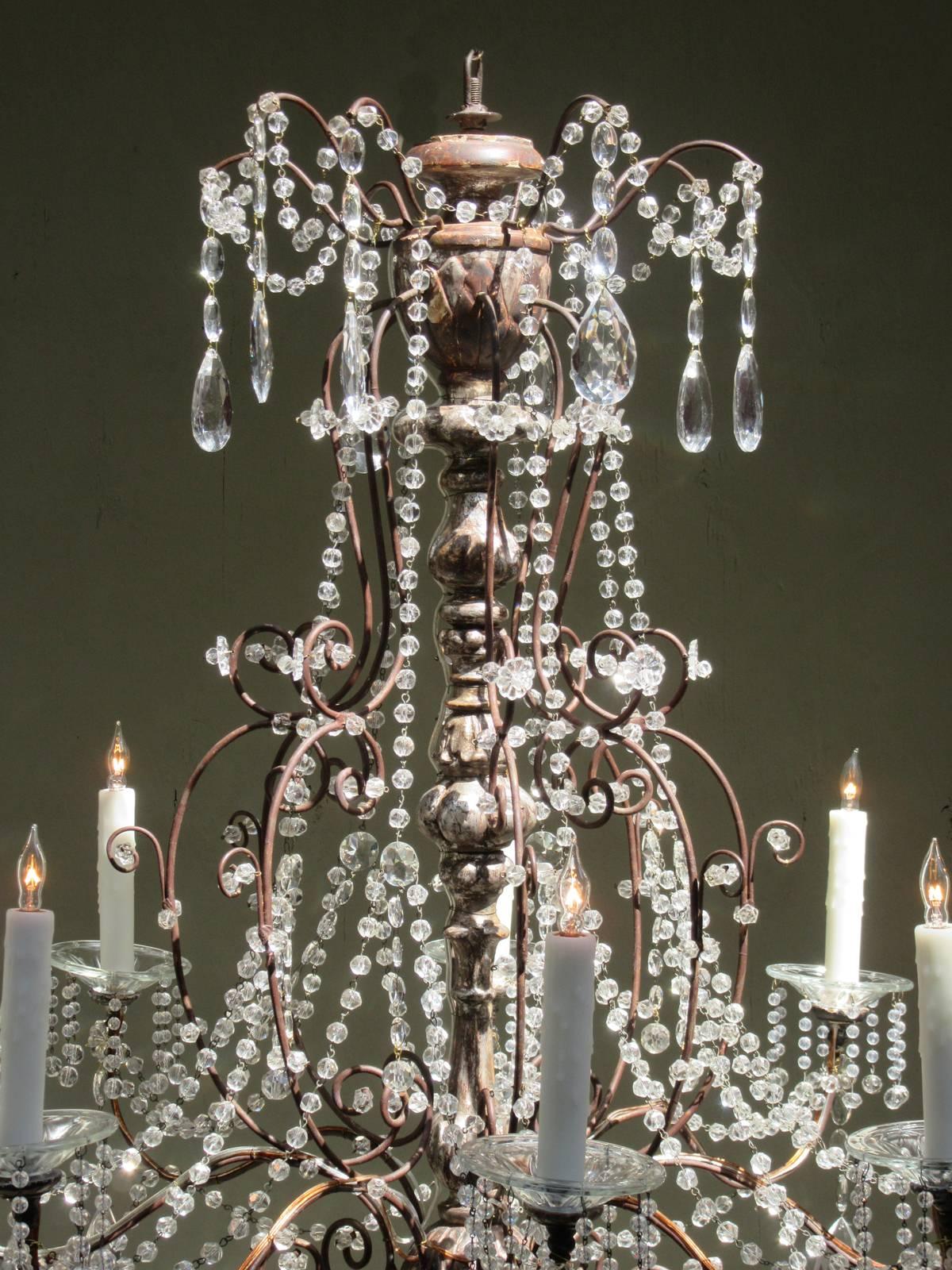19th Century Italian Baroque Silver Leaf and Crystal Chandelier with Tassel 1