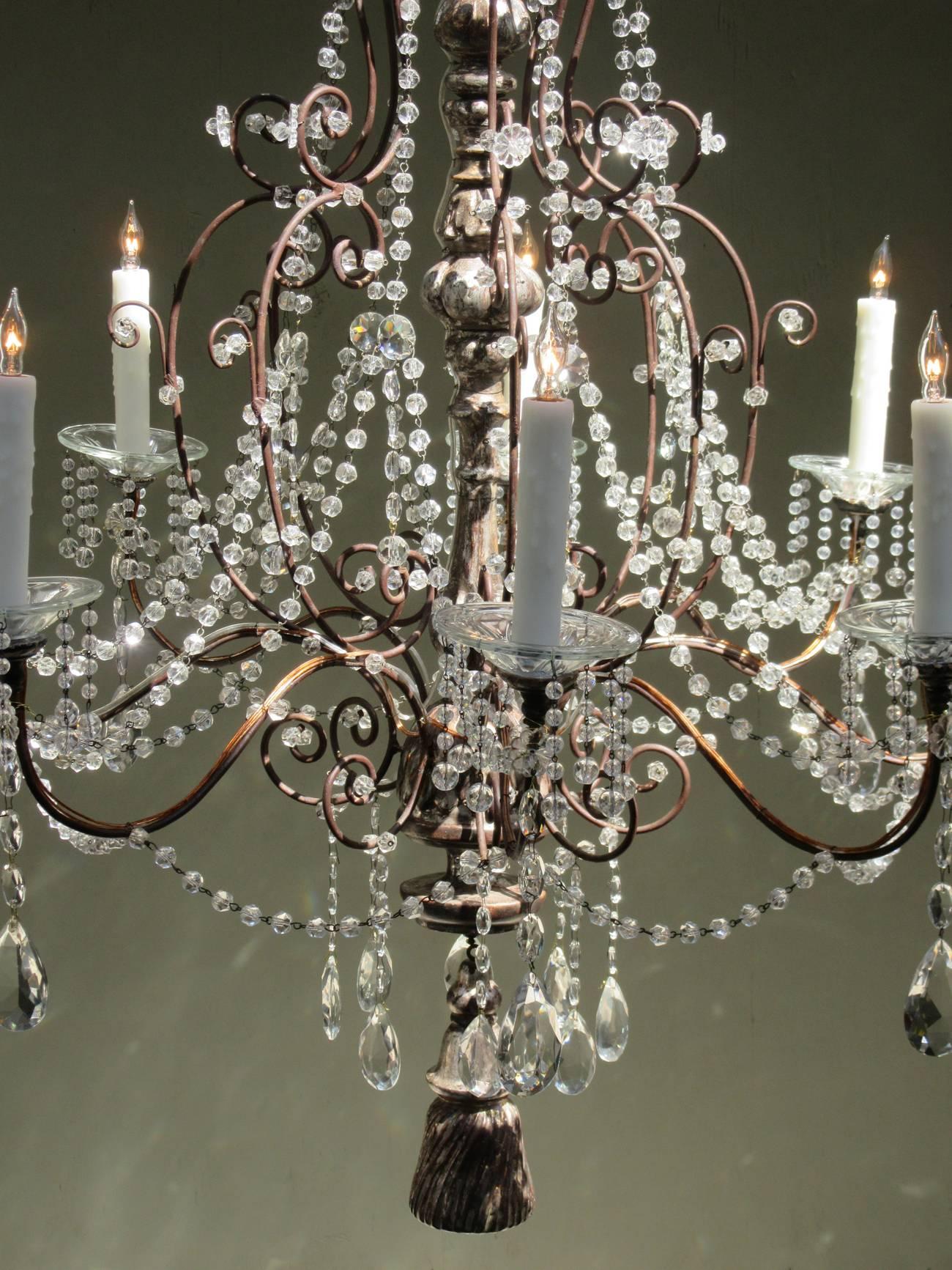 19th Century Italian Baroque Silver Leaf and Crystal Chandelier with Tassel 5