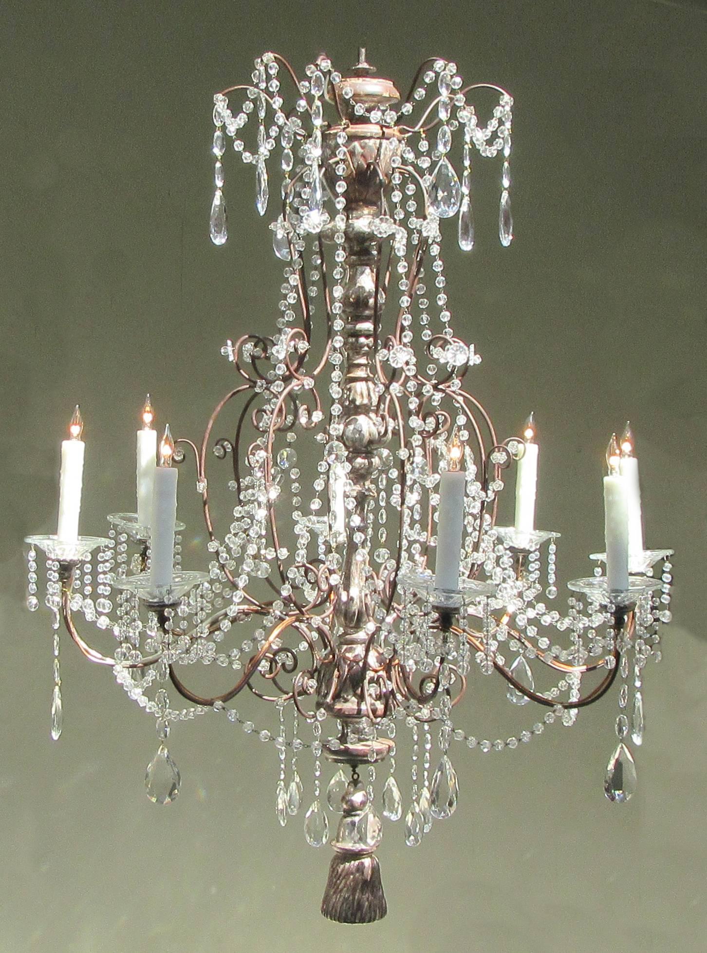 19th Century Italian Baroque Silver Leaf and Crystal Chandelier with Tassel 7