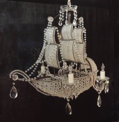 Early 1900s Venetian Crystal, Iron and Tole Ship Chandelier