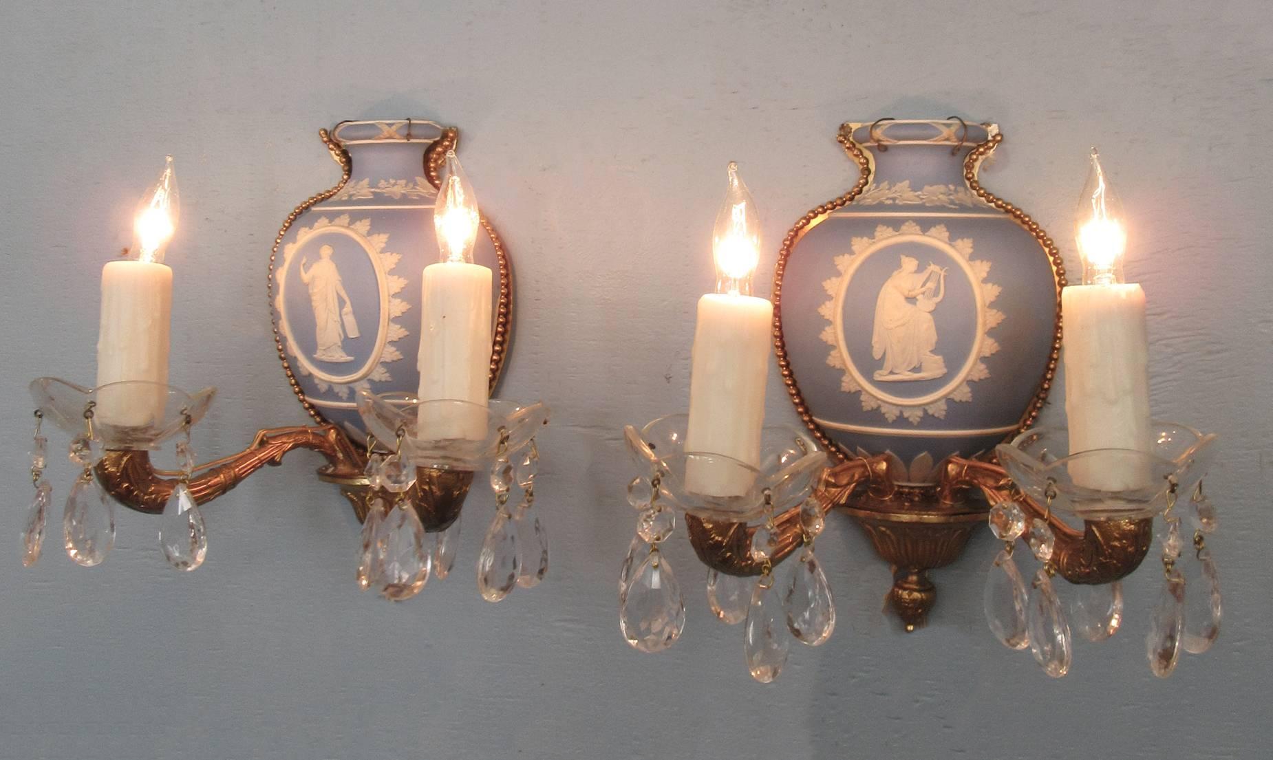 Adam Style Early 20th C English Wedgwood and Bronze Sconces