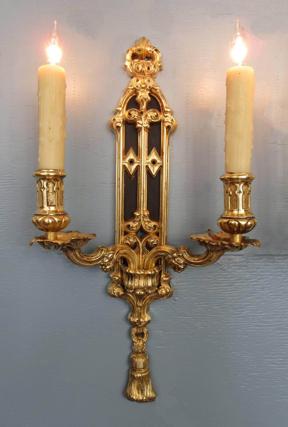 Gilt Pair of Mid 19th C English Gothic Bronze Doré and Patinated Sconces