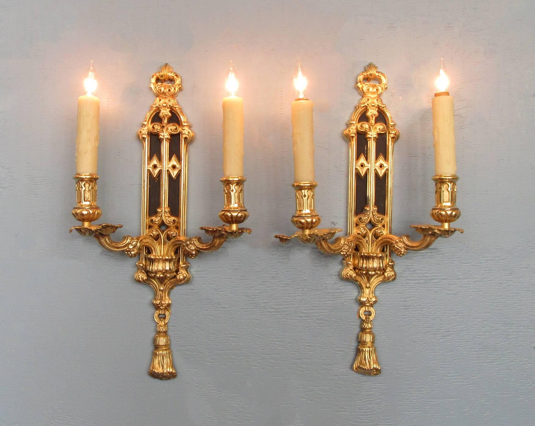 Pair of Mid 19th C English Gothic Bronze Doré and Patinated Sconces 2