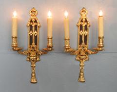 Pair of Mid 19th C English Gothic Bronze Doré and Patinated Sconces