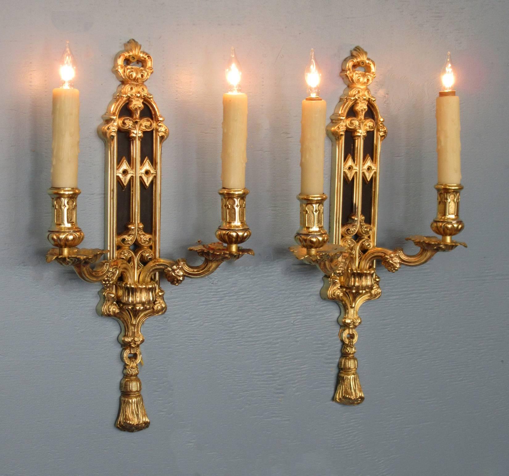 Pair of Mid 19th C English Gothic Bronze Doré and Patinated Sconces 3