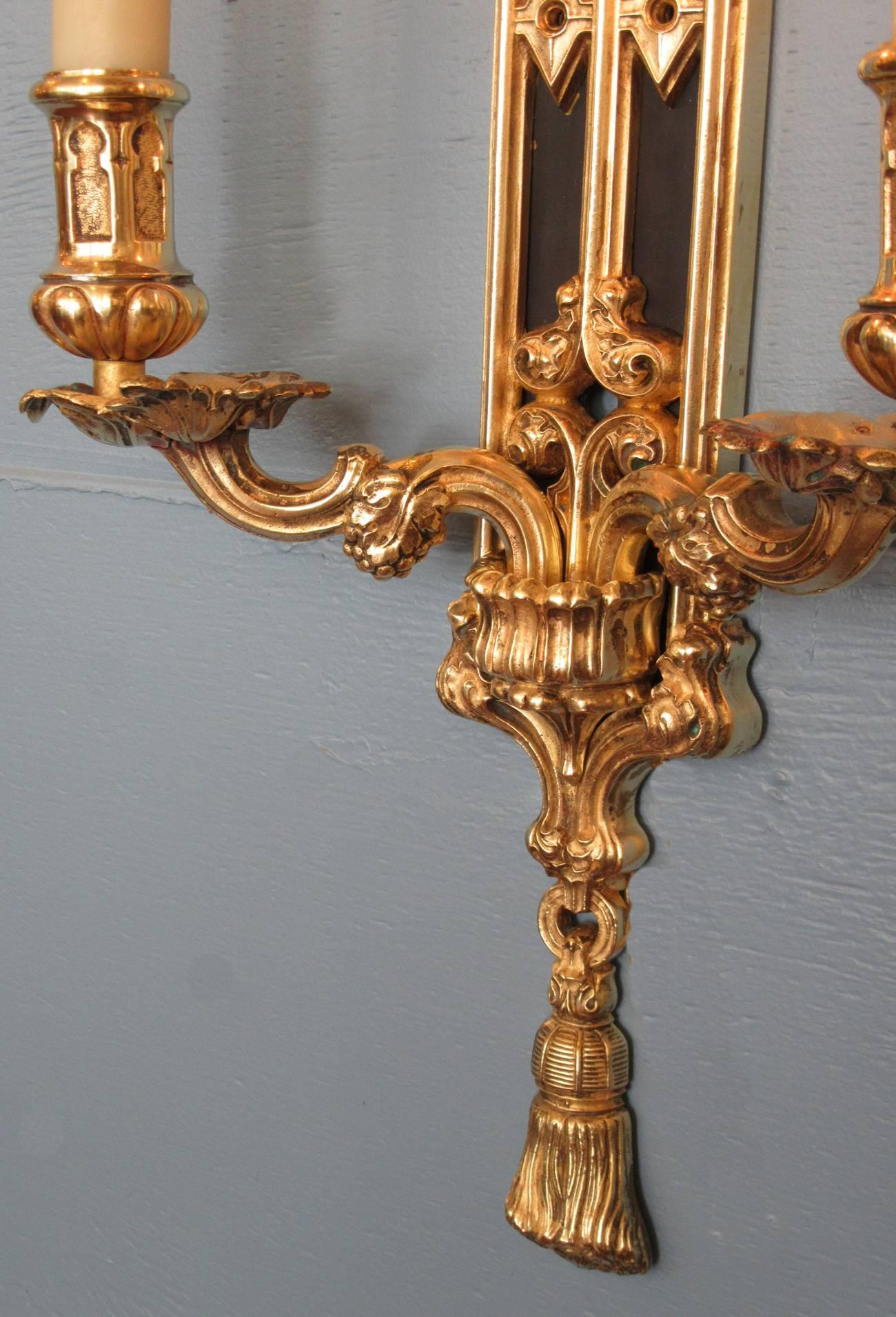 Pair of Mid 19th C English Gothic Bronze Doré and Patinated Sconces In Good Condition In Charleston, SC