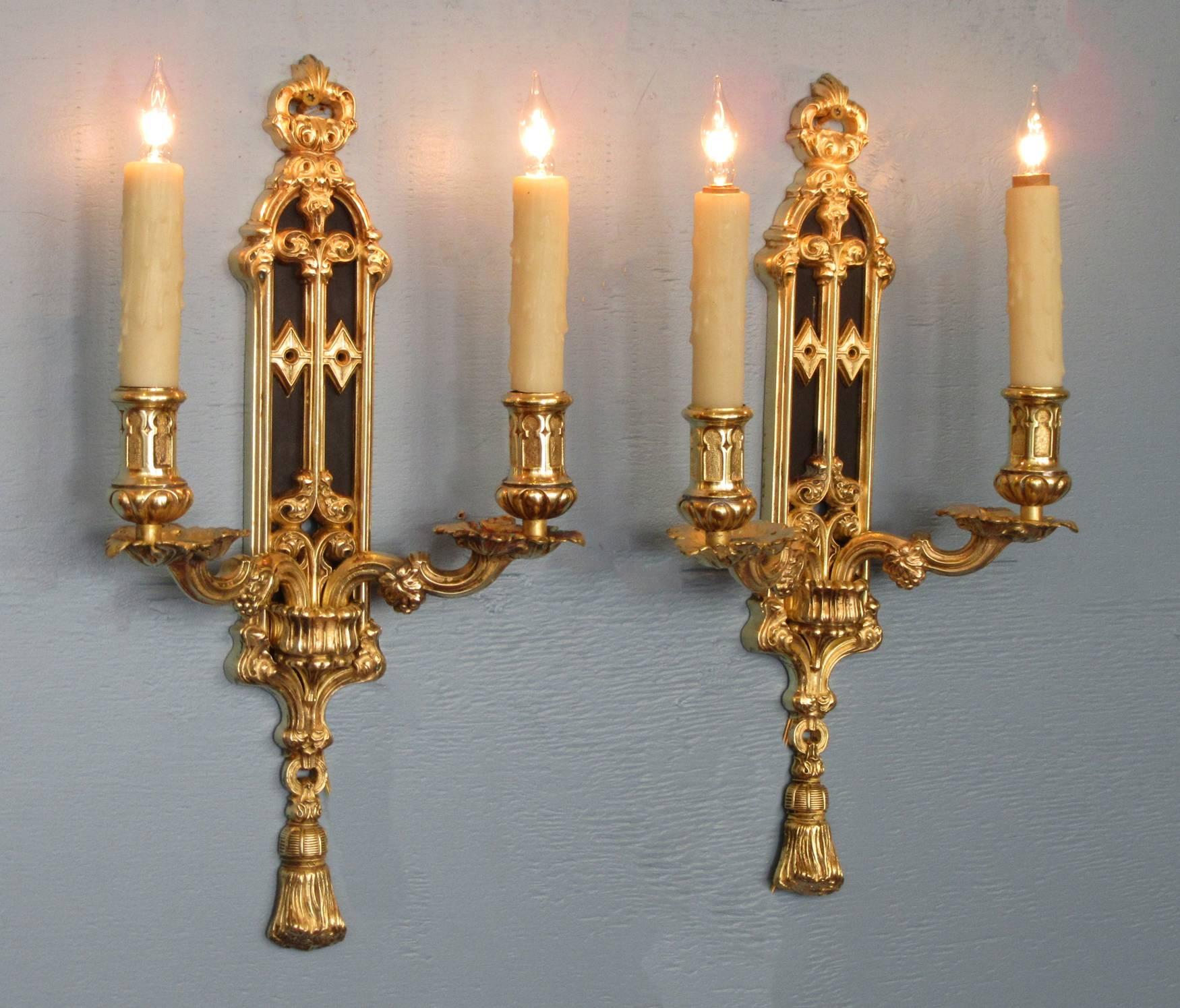 19th Century Pair of Mid 19th C English Gothic Bronze Doré and Patinated Sconces