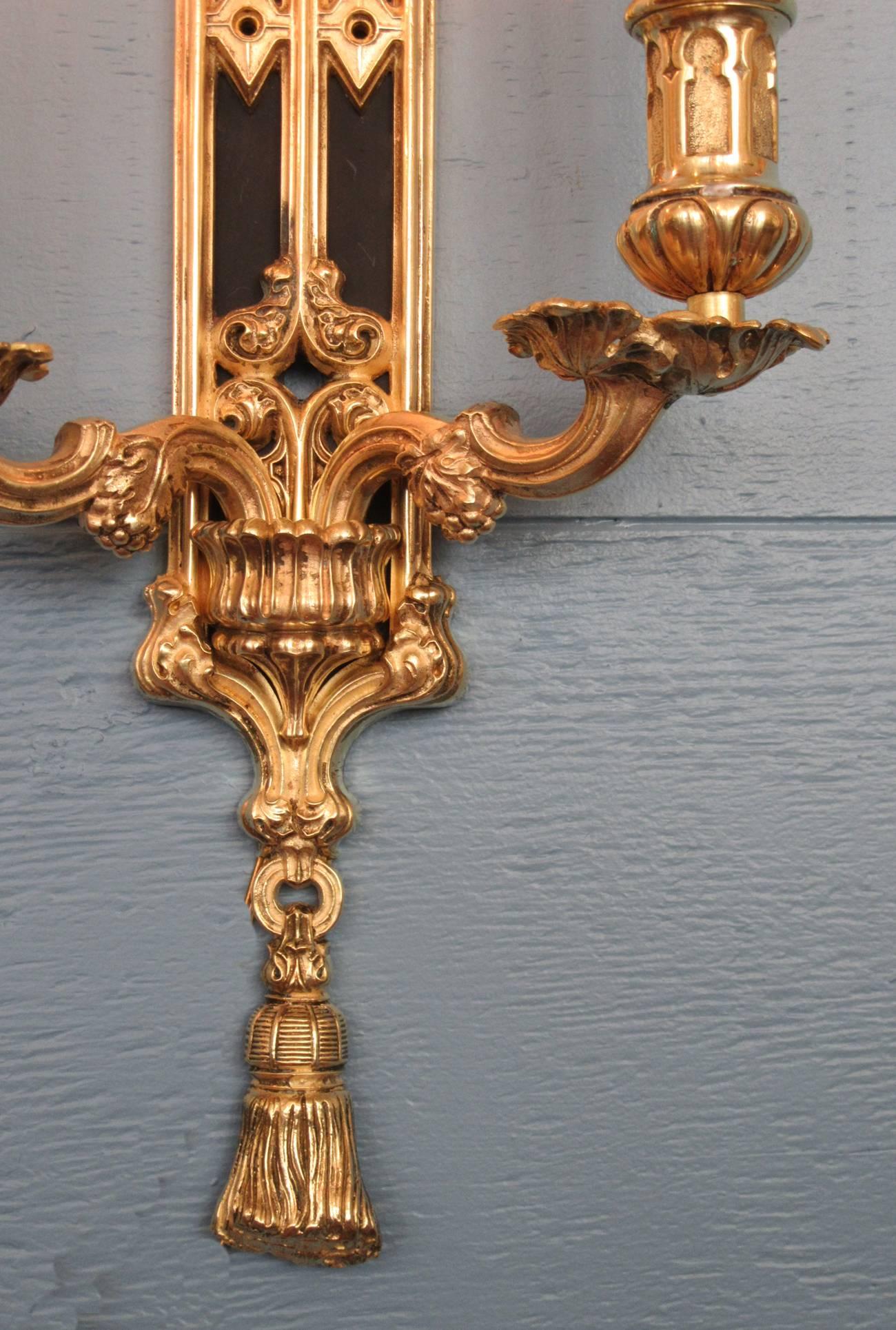 Pair of Mid 19th C English Gothic Bronze Doré and Patinated Sconces 1