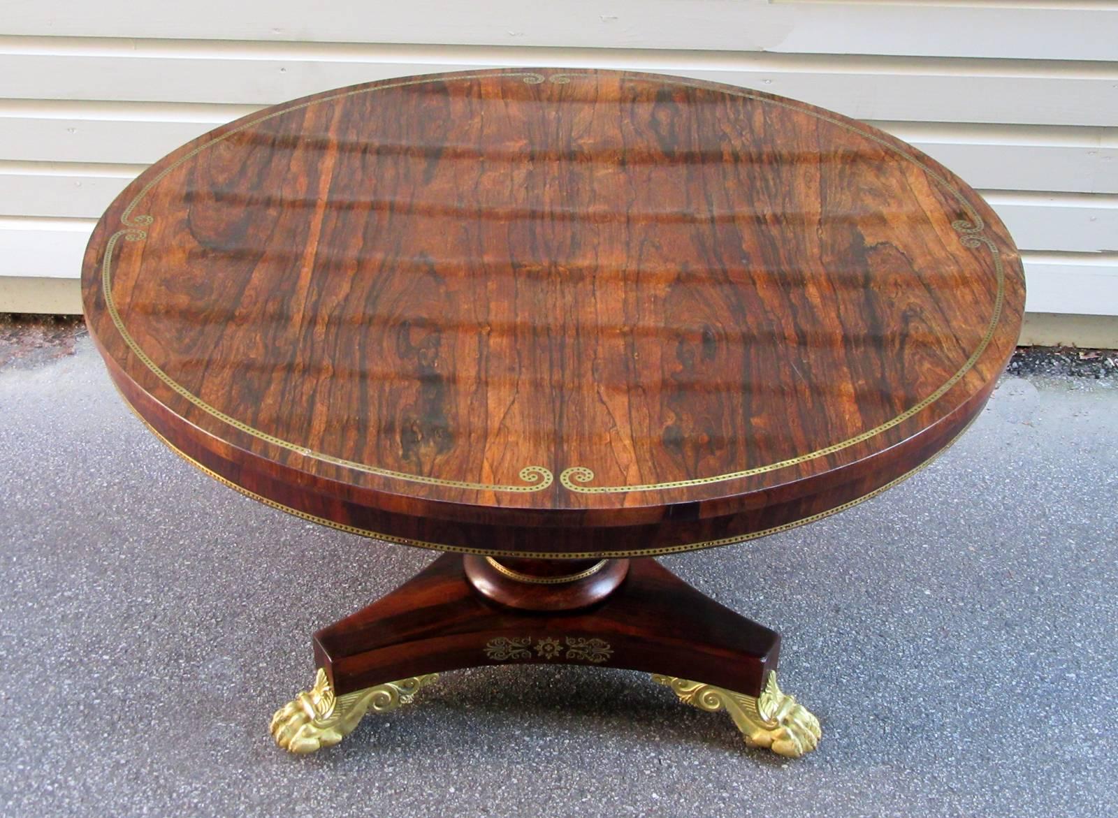 19th Century English Regency Rosewood Breakfast Table with Gilt Paw Feet In Good Condition For Sale In Charleston, SC